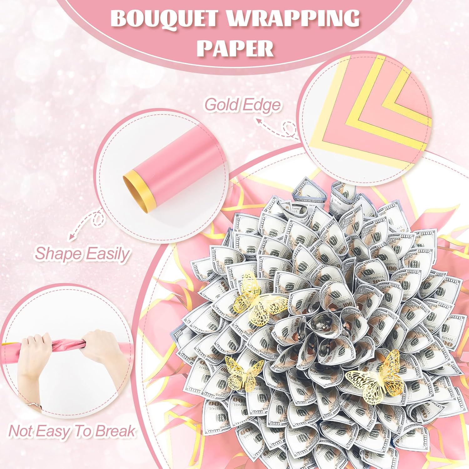 JarThenaAMCS 125 Pcs Graduation Money Bouquet Kit DIY Bouquets Filled with Folded Bills Gifts for Her College Middle High School Grad Party Supplies, Pink - Image 5