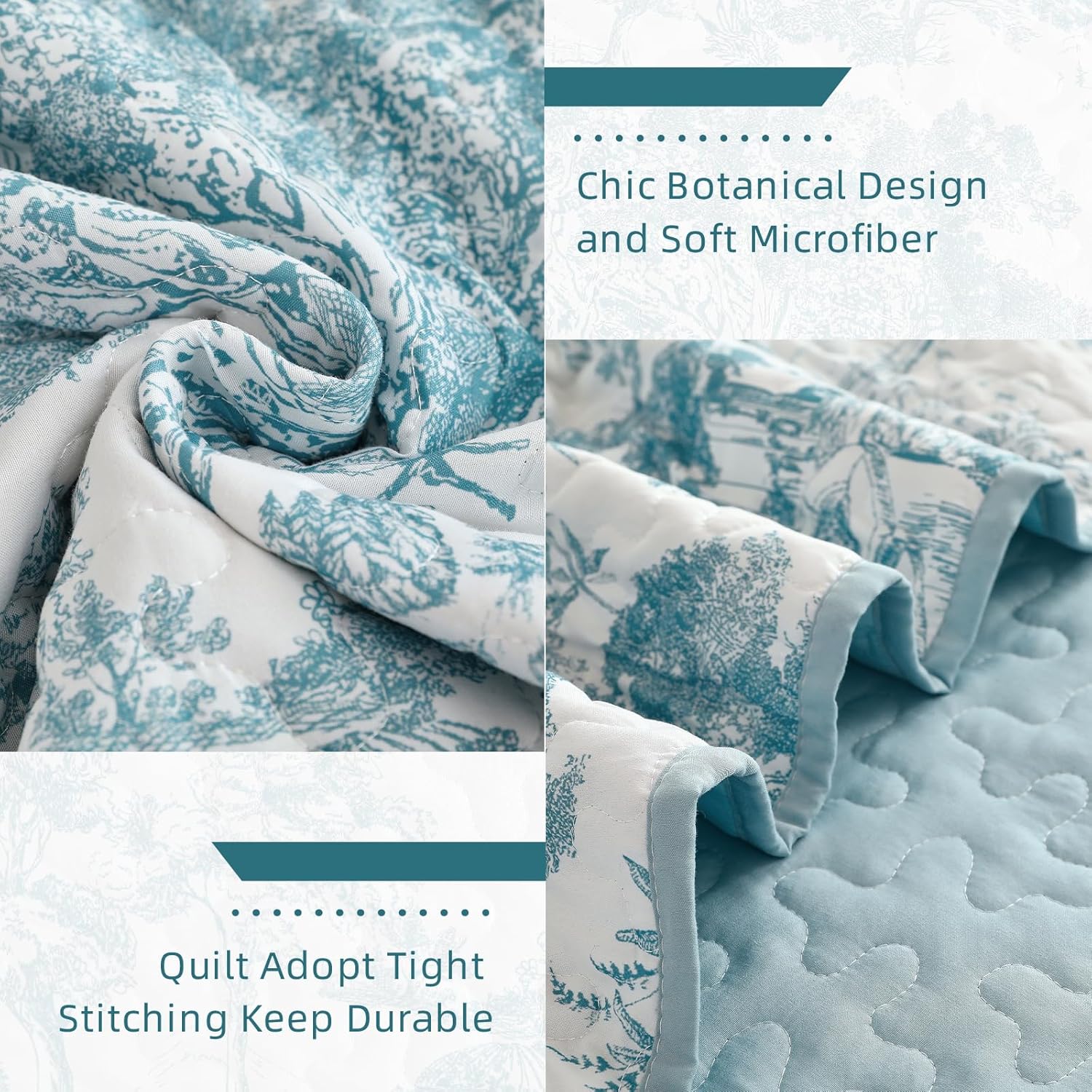 WONGS BEDDING Botanical Quilt Set King Size, Blue 3 Pieces Toile Floral Plants Printed Bedspread Bedding Set Soft Lightweight Microfiber Coverlet Set for All Season (104"x90") - Image 6