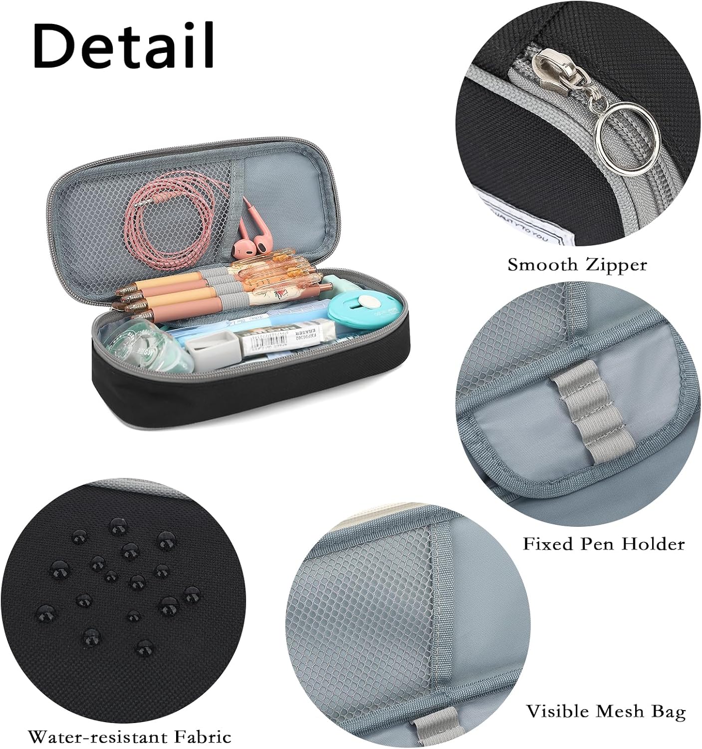 FUXINGYAO Pencil Case, Multi-compartment Pencil Pouch, Portable Pencil Bag (Black with Gray) image 4
