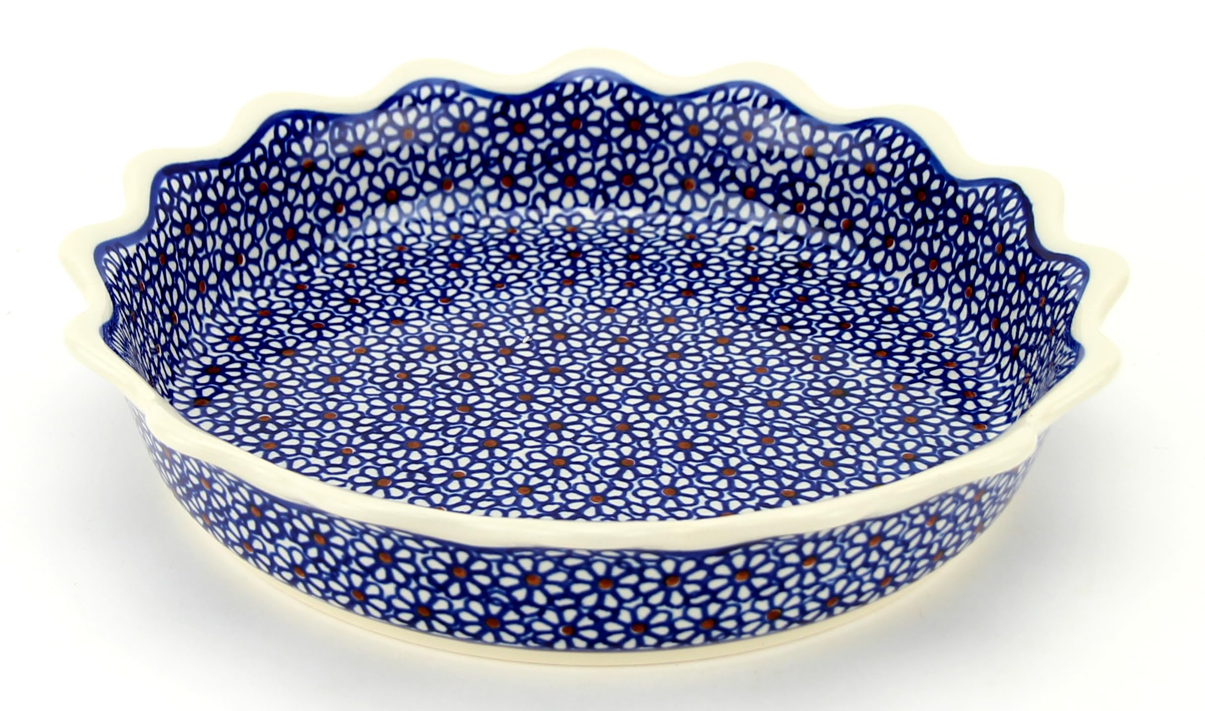 Polish Pottery Market Pie Dish/Quiche 9” Handcrafted by Zaklady Boleslawiec Poland, Ceramic Pie Plate with Ruffled Edge, Non-Stick Round Pie Dish, Tart Pan, Fluted Pie Dish