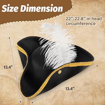 Tricorn Pirate Hat with Feather Black Colonial Hat for Women Men Halloween Costume