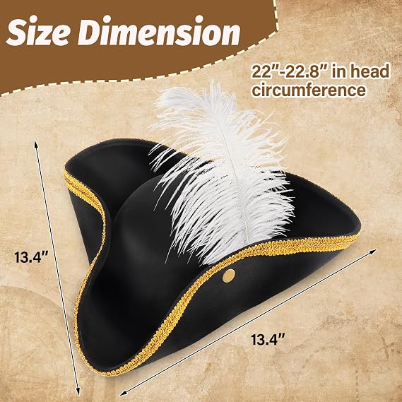 Tricorn Pirate Hat with Feather Black Colonial Hat for Women Men Halloween Costume