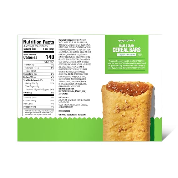 Amazon Grocery, Apple Cinnamon Fruit & Grain Cereal Bars, 1.3 Oz, 8 Ct