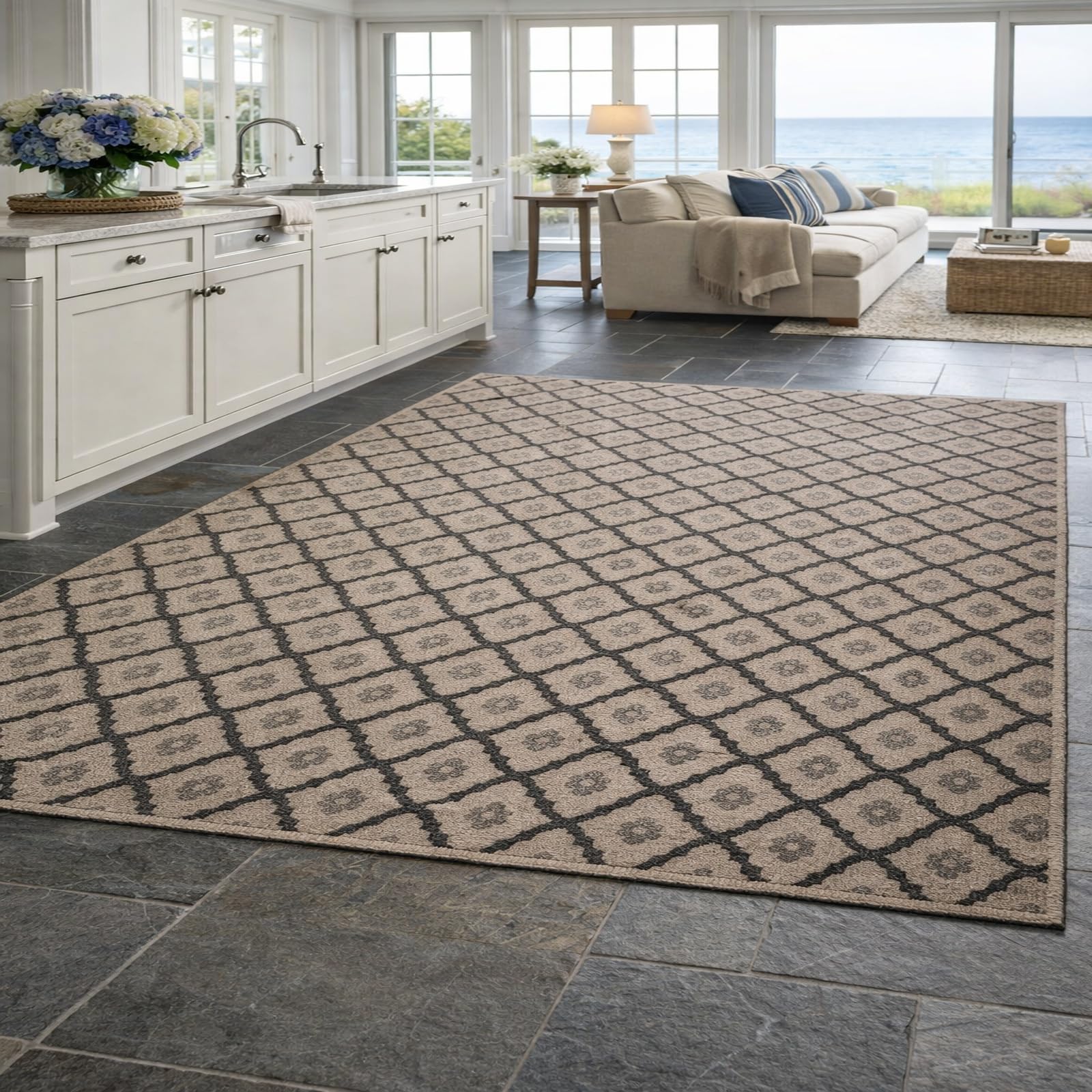 Tapis de salon géométrique vintage anti-poussière gris beige 200x280 cm