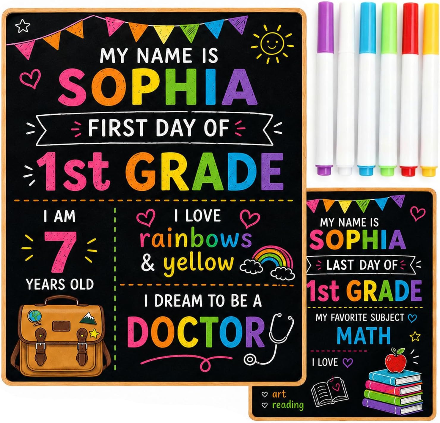 Double-Sided First Day of School and Last Day of School Chalkboard Sign, 12 x 10 inches, Wooden, Reusable, for Kids, Preschool, Kindergarten, 1st Grade (Black, 10 * 12")