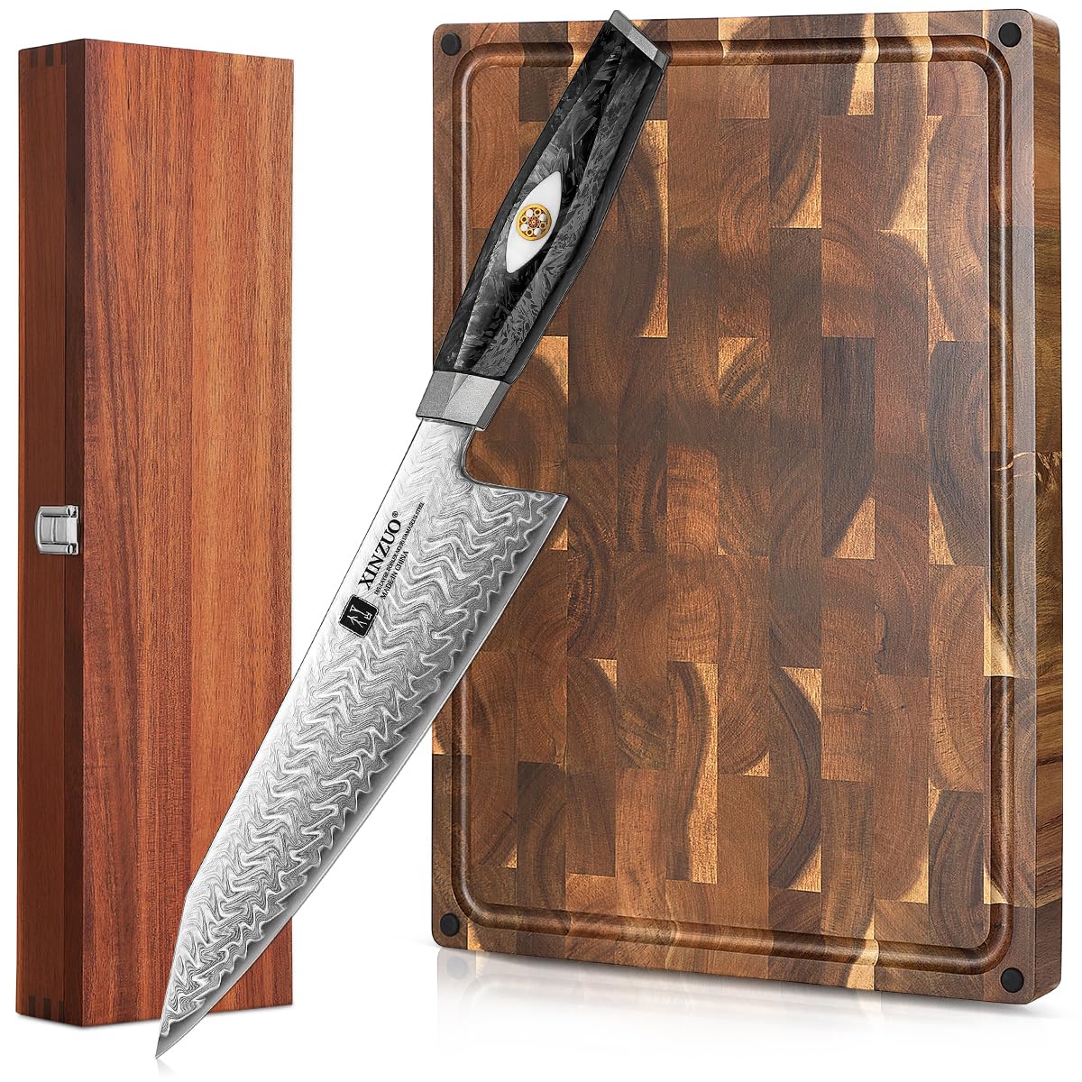 Couteau de Chef 21,5cm Acier Damas 145 Couches M390 et Planche à Découper Acacia