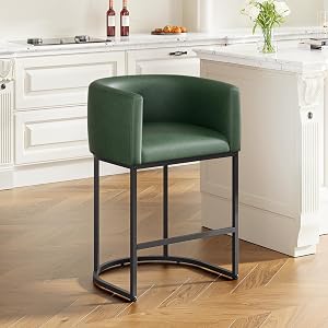 24.4" H Counter Height Bar Stools, Modern Barrel Counter Stools with Backrest and Arms, Faux Leather Upholstered Accent Barstools for Kitchen Island,Support 450 LBS (Green, Set of 1)