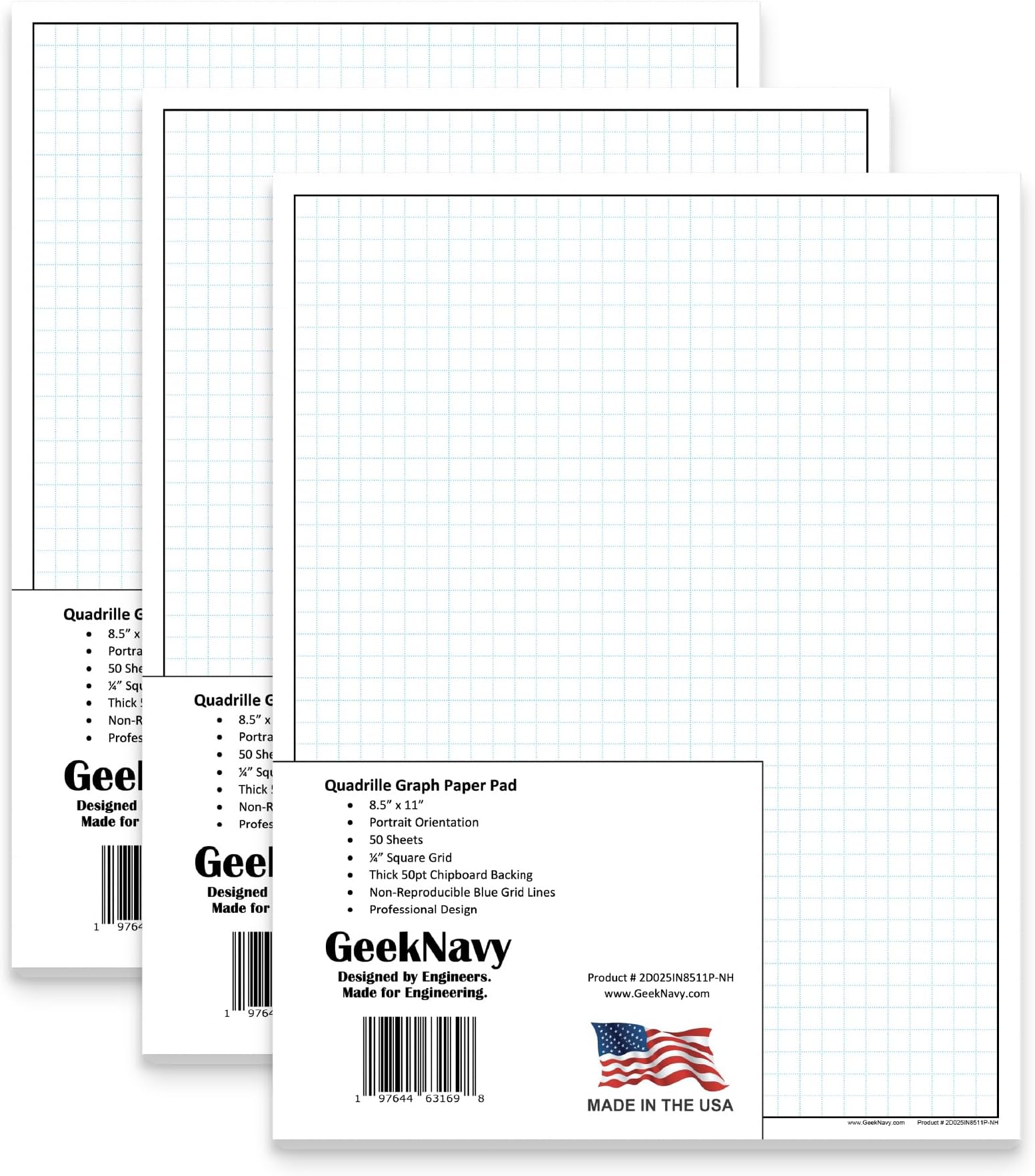 GeekNavy 8.5" x 11" Quadrille Graph Paper 50 Sheets Portrait 0.25" 4x4 Square
