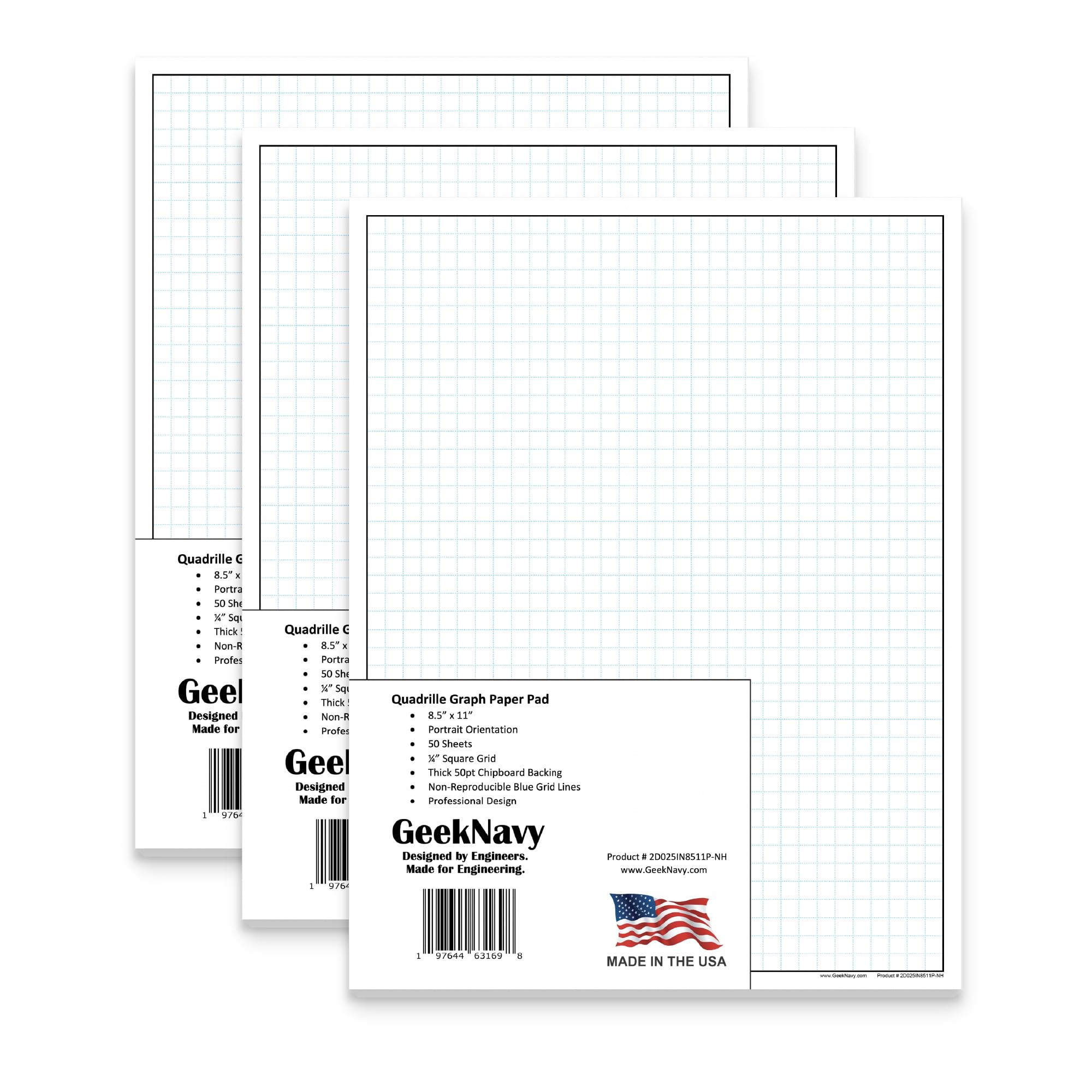 GeekNavy 8.5" x 11" Quadrille Graph Paper 50 Sheets Portrait - 0.25" 4x4 Square Grid, Blueprint, High Brightness, Border-Outlined, Drafting (3-Pack)
