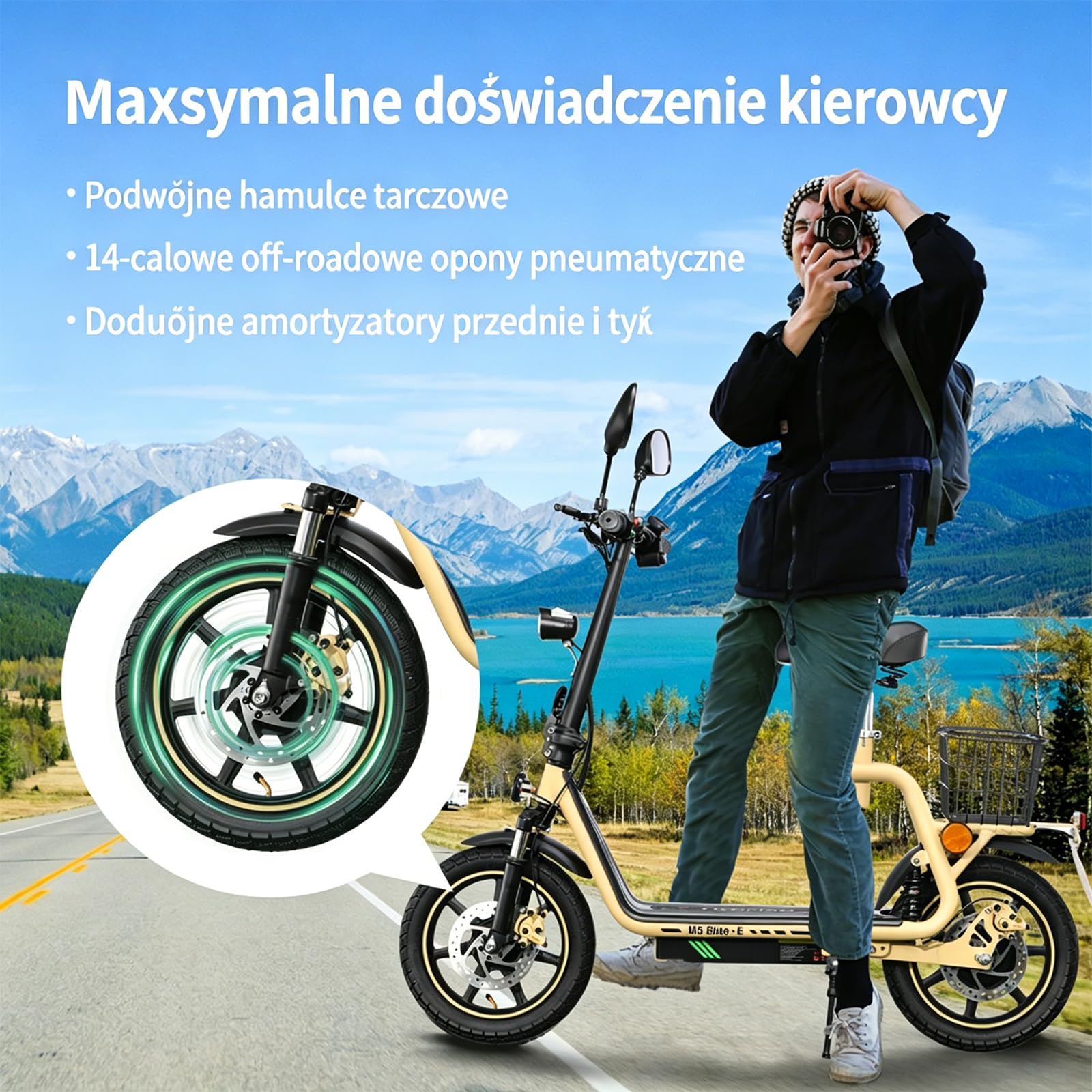Hulajnoga Elektryczna Dla Dorosłych, Z Odblokowywanym Ogranicznikiem Prędkości, 14-Calowe Opony, Składana, Z Lusterkiem Wstecznym, Ekranem, Tylnym Koszem