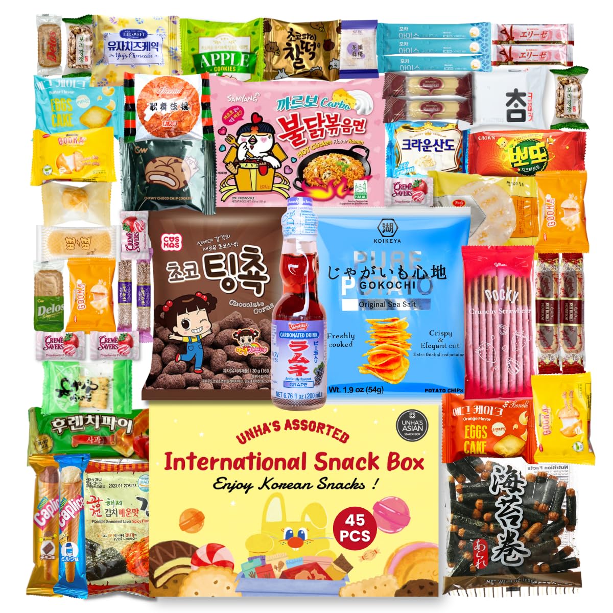Unhas Japanese, Korean & International Snack Box  45 Count Variety Snacks Pack  Fun Gift for Kids, Teens, College Students & Adults