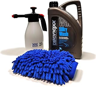 Tecnoxx Kit exterior Pro - Conjunto de limpeza para carro com Foamer pulverizador de espuma, champô detergente espumante ultra ativo Silky Wash e luva de microfibra, brilho e limpeza profissionais