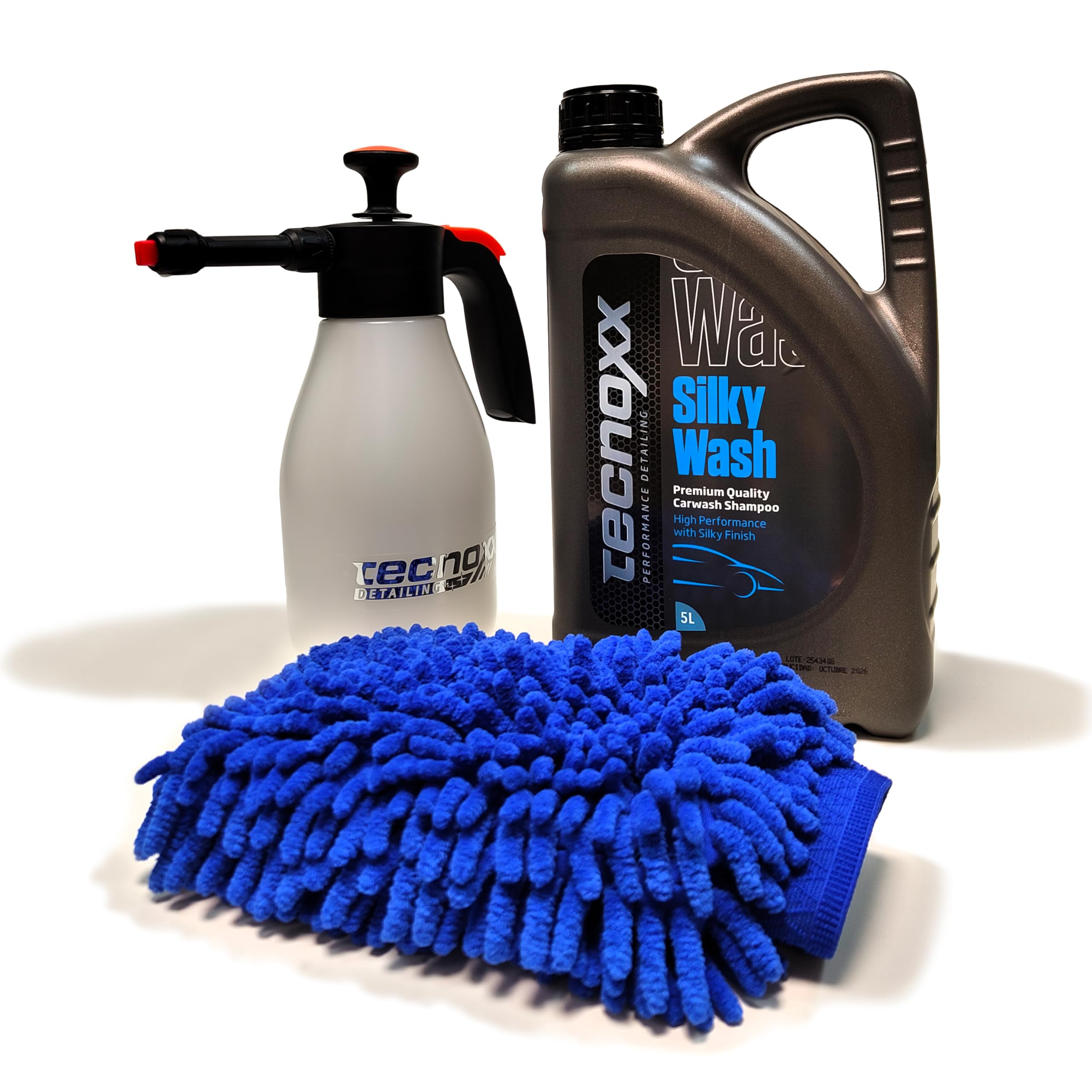 Tecnoxx Kit Exterior Pro - Set de Limpieza para Coche con Foamer Pulverizador de Espuma, Champú Detergente Espumante Ultra Activo Silky Wash y Manopla de Microfibra - Brillo y Limpieza Profesional