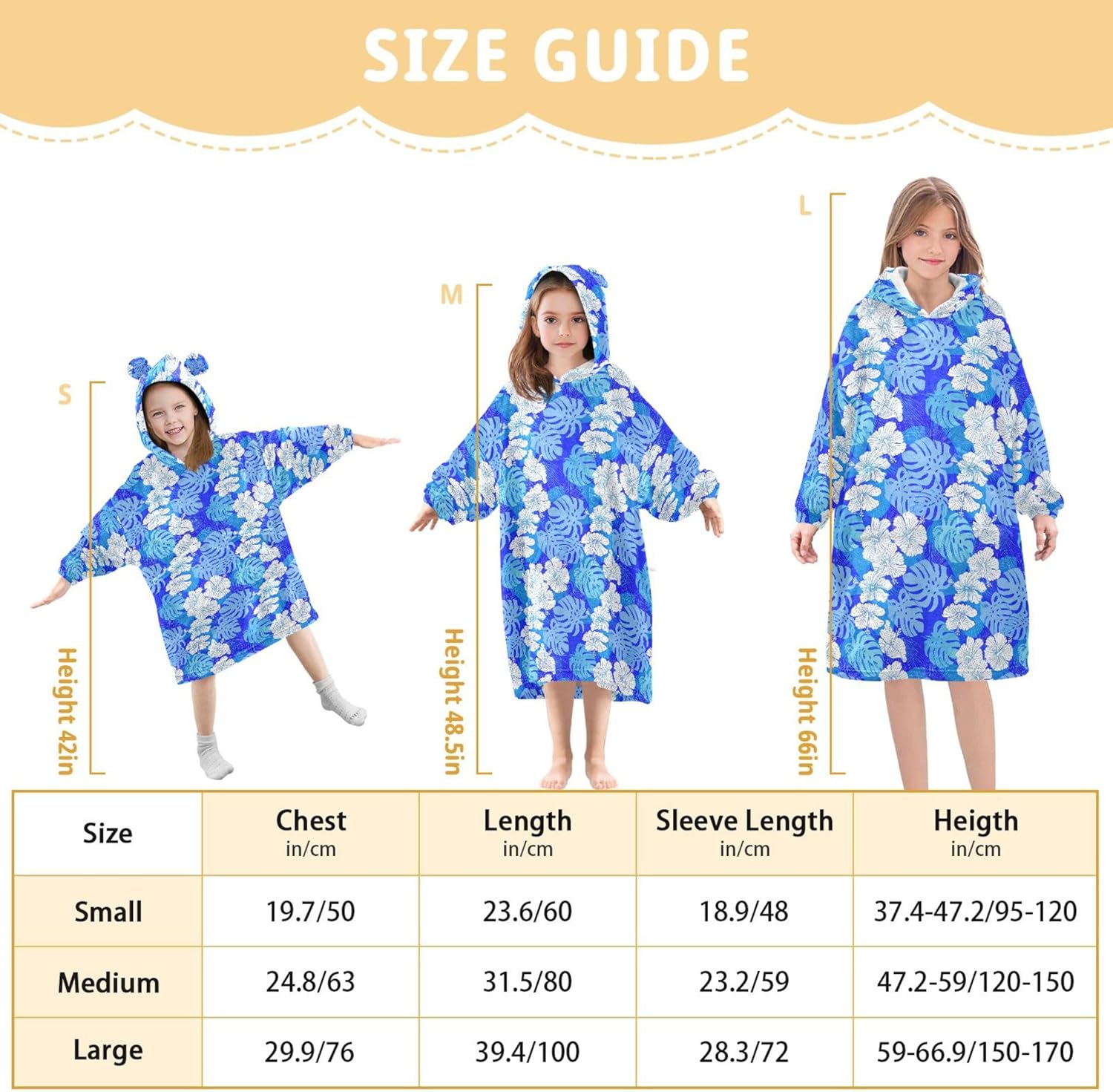 Blue Flowers Palm Leaves Kids Wearable Blanket Hoodie with Pocket and Sleeves for Toddlers, Cute Hoodies Girls Boys
