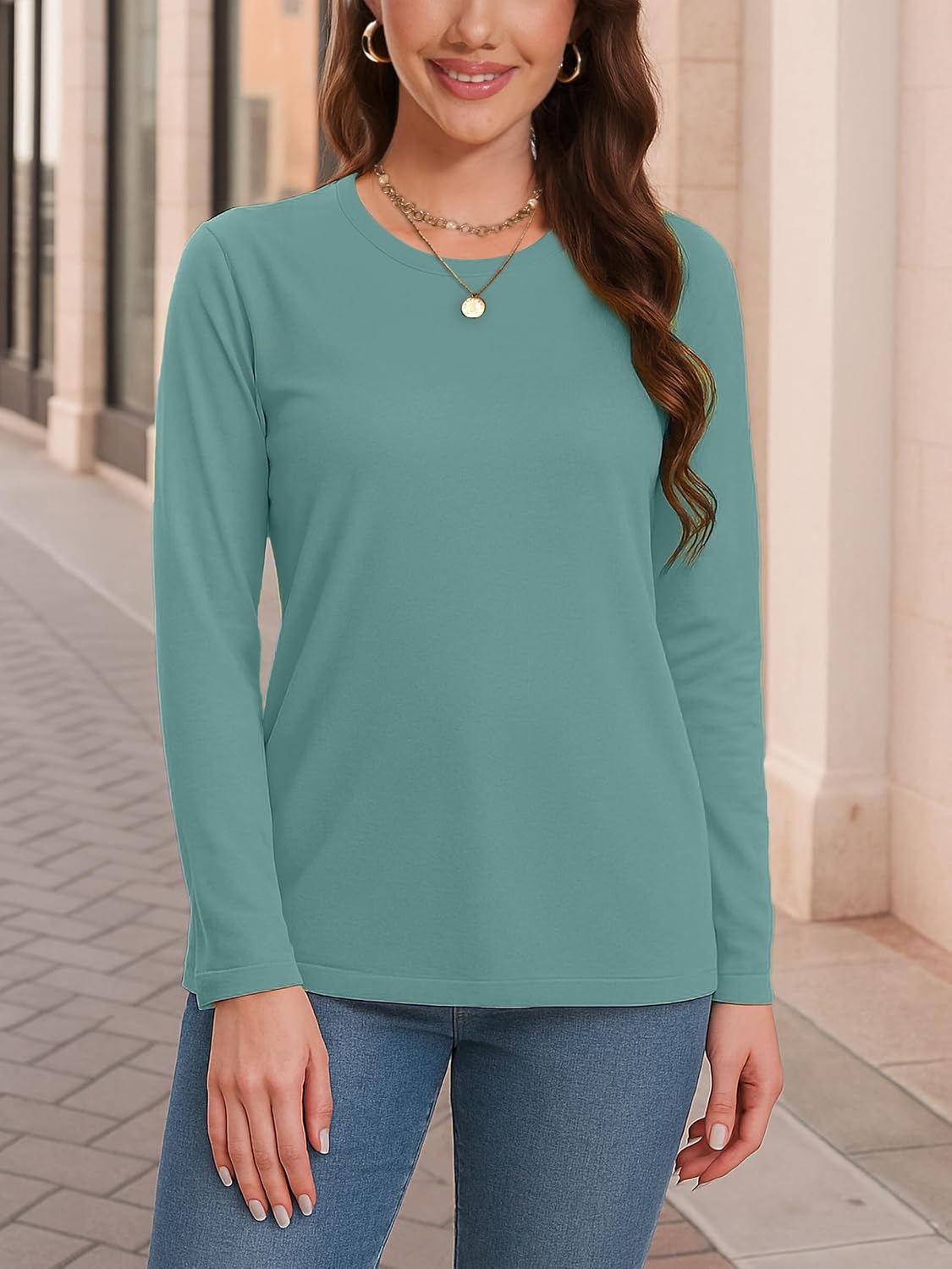  Womens Long Sleeve Cotton T Shirts Crewneck Classic-Fit Basic Tees thumbnail