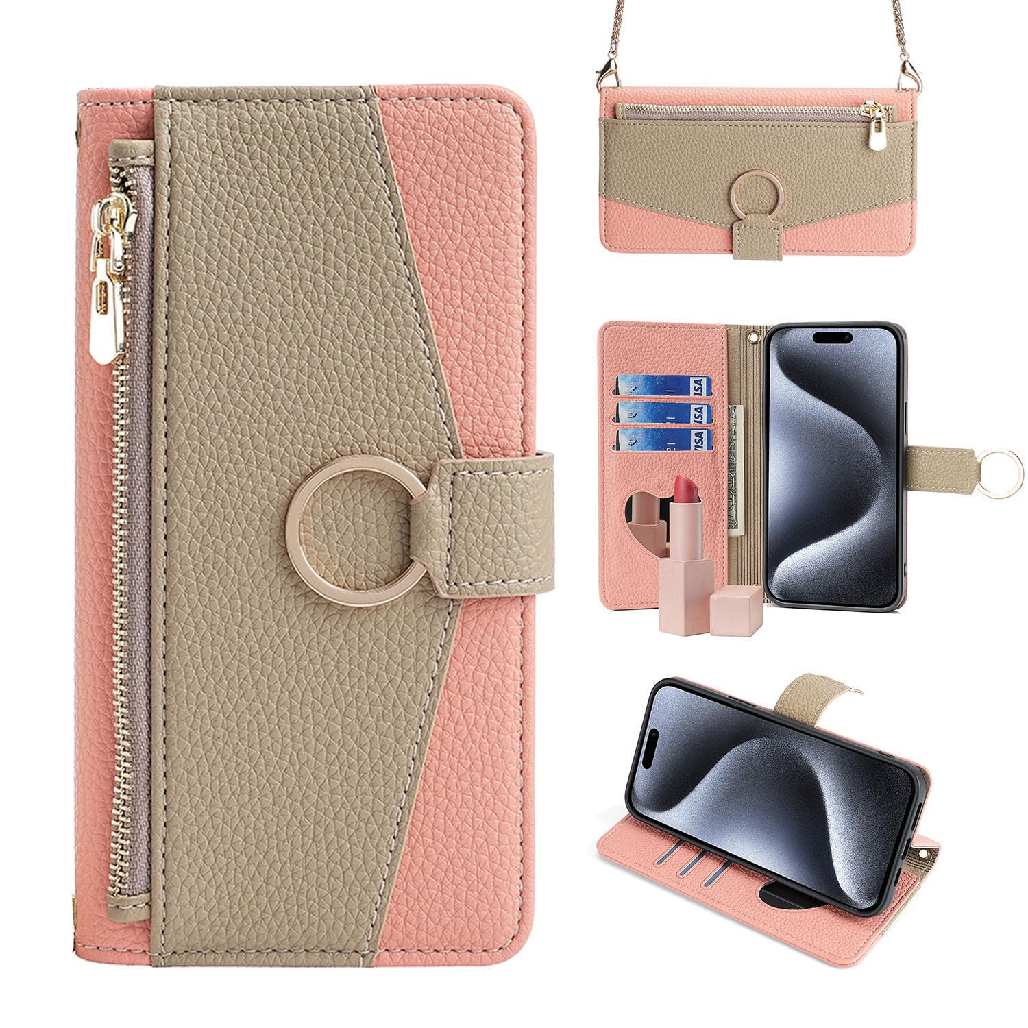 Funda genérica compatible con Samsung Galaxy S25 Ultra (color: rosa) correa de cadena con cremallera cartera de piel con espejo retrovisor
