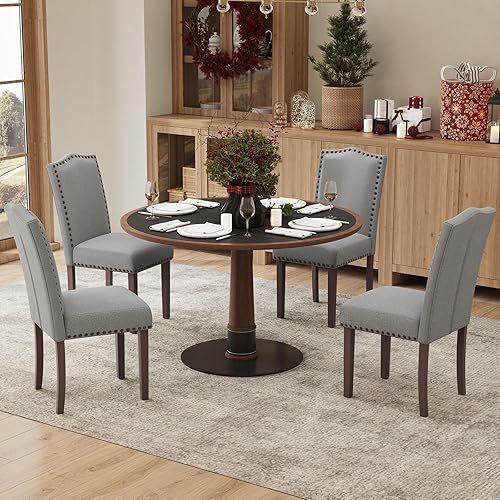 Juego de 4 sillas de comedor Parsons tapizadas suaves y cómodas con cojín de alta densidad y patas de madera maciza, elegante ribete de cabeza de