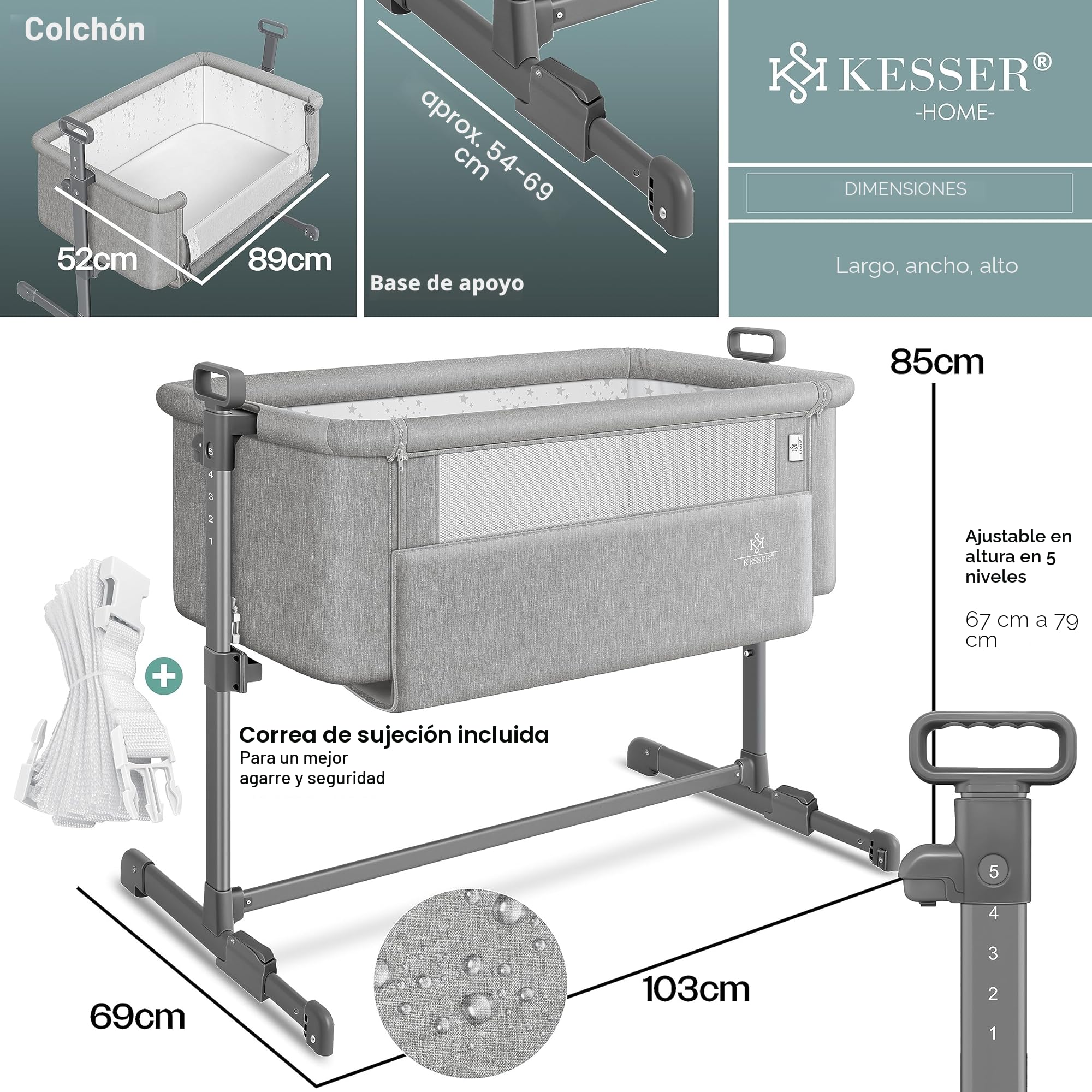 KESSER® Cama supletoria Hubi 3en1, colecho para bebé con colchón Blando, Cuna - con Ruedas, Ajuste de Altura en 5 Posiciones, Panel Lateral Plegable, para en casa y de Viaje, Gris Claro