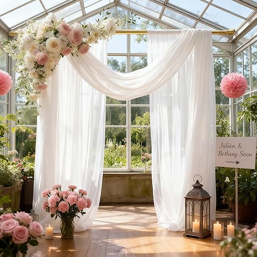 Vista 5 de Wedding Arch Draping Fabric 28" x19FT, Sheer Chiffon Fabric Backdrop, 2 Panels White Drapes for Wedding Ceremony Decor, Decorative Arch Drapery for