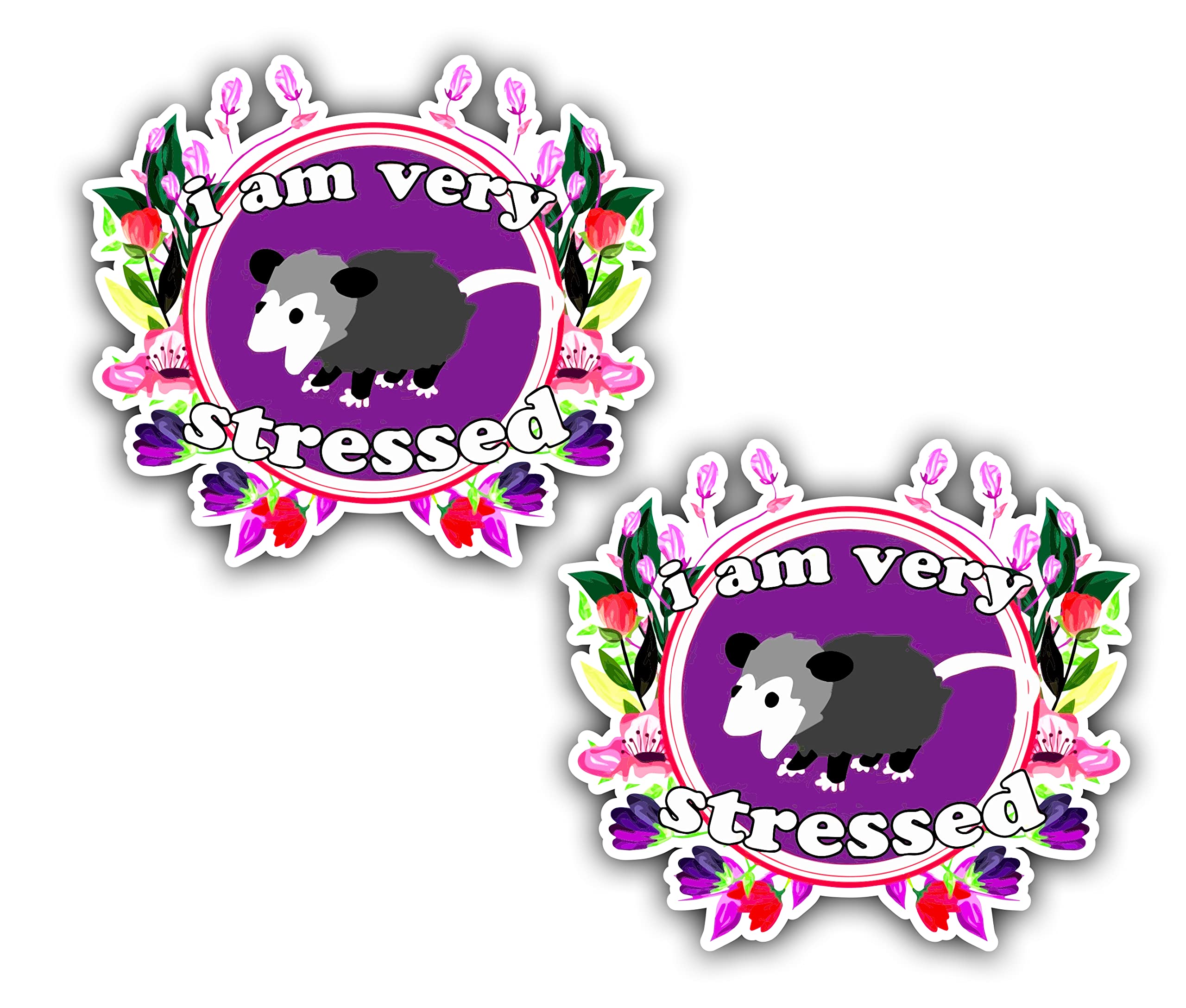Opossum is Very Stressed and Cute Plus Flowers Vinyl Decal Sticker Premium Quality Vinyl Multiple Colors For Car Bumper Truck Van SUV Window Wall Boat Cup Tumblers Laptop or Any Smooth Surface 2 Pack Size 4 Inches