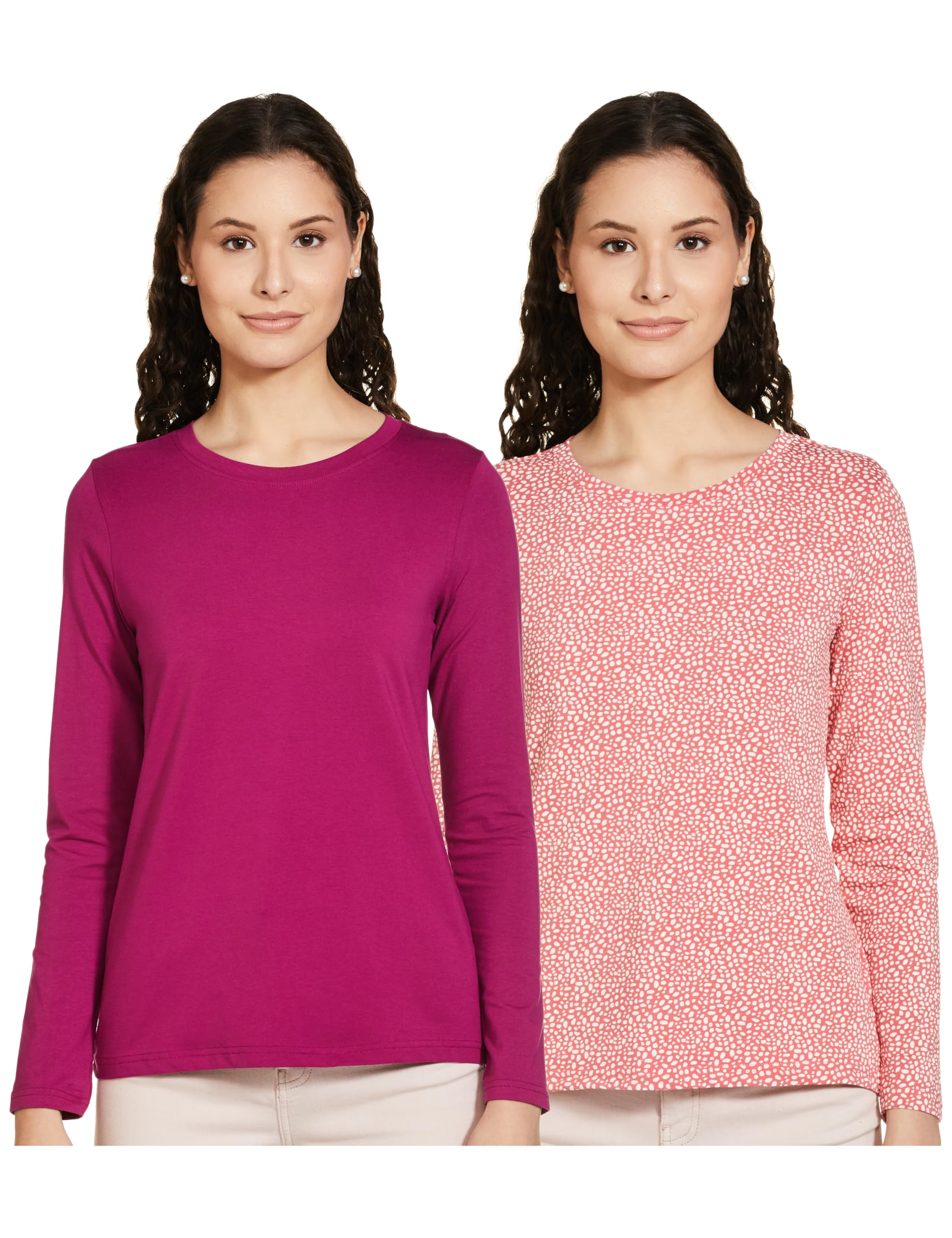 Amazon Brand - Symbol Women's Solid Cotton Stretch Full Sleeve Round Neck Regular Fit T-Shirt (Pack of 2)