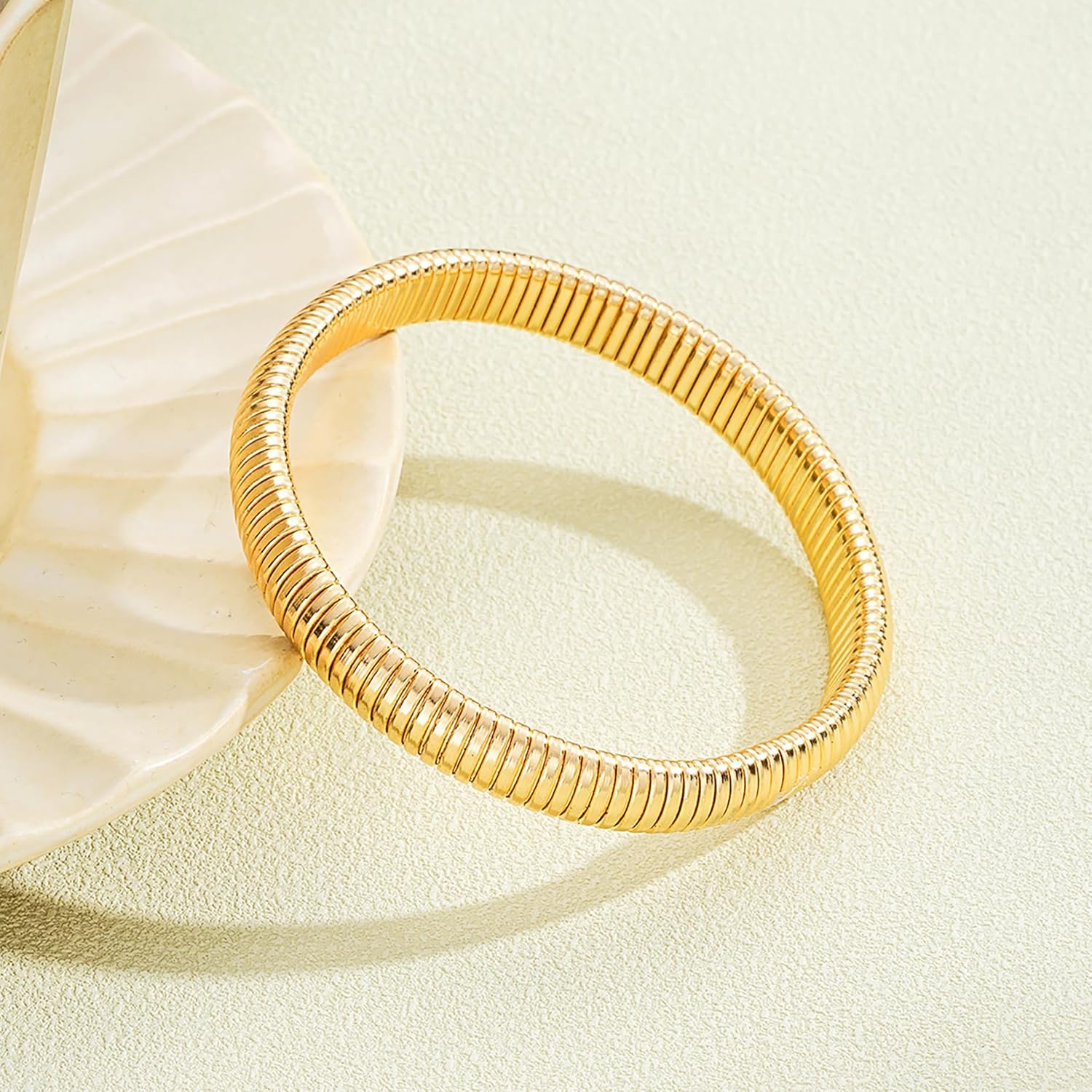 Gold Bangles, Chunky Stretch Bracelets, Gold, 14K Gold Plated Stainless Steel, Women's, Designer Look Alike Jewelry, Adult, Medium, 10 grams, 2 inches - Image 7