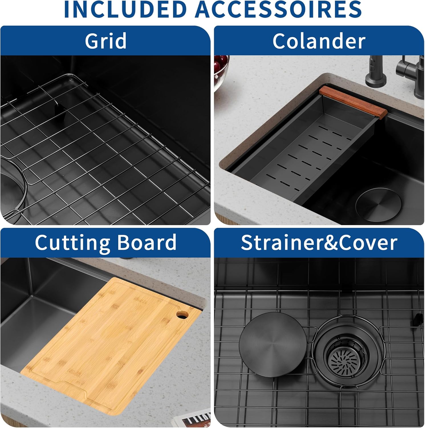 23 Inch Black Undermount Kitchen Sink,16 Gauge Stainless Steel Kitchen Sink Single Bowl, 23"x19"x9" Undermount Sink Ledge Workstation Sinks With All Accessories, Multi-Functional Sinks