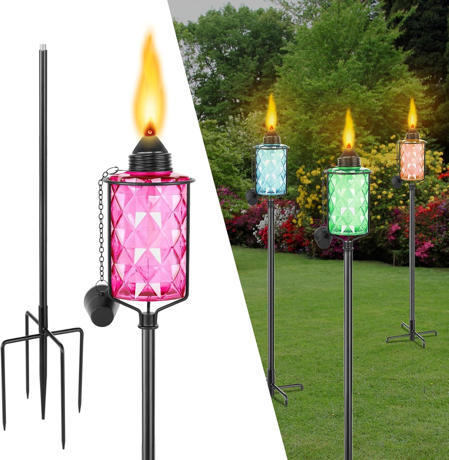 Glass Garden Torch for Outside 4 Pack, Citronella Torches with 5-Prong Grounded Stake,Colorful Outdoor Torch Garden Decor Canisters 12 oz,Metal Light Torches for Party Patio Pathway (Multi-Color)