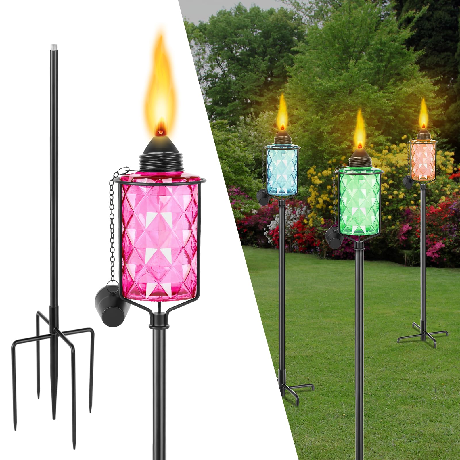 Set Of 4 Glass Citronella Torches With 5-Prong Stake – 59 Inch Adjustable Height, Outdoor Garden & Patio Decor, Multi-Color