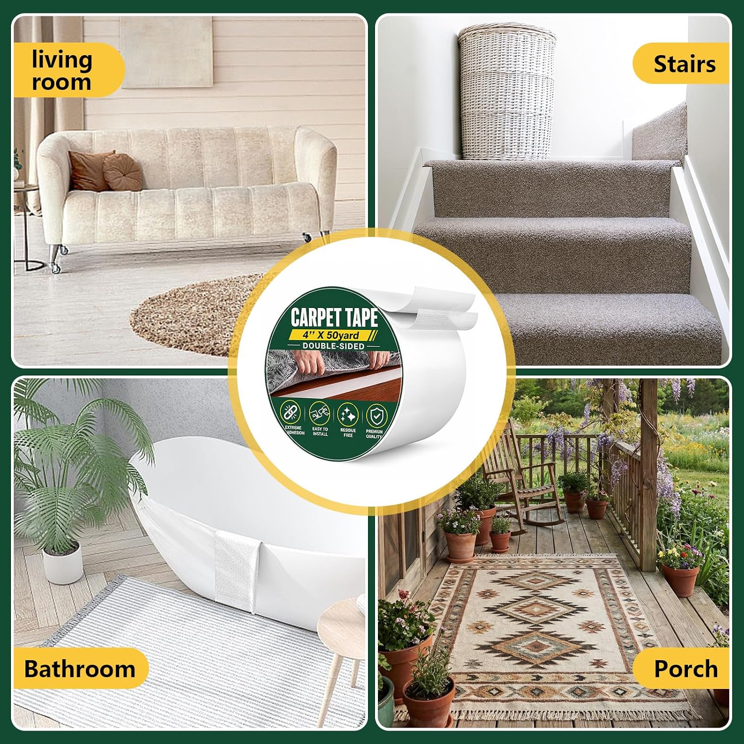 4in x 50yd Double Sided Carpet Tape Heavy Duty Non Slip Rug Tape for Hardwood Floors Tile Stairs Residue Free