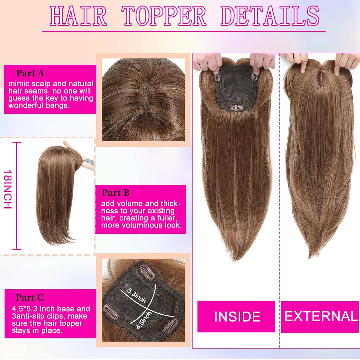 Hair Toppers for Women with Thinning Hair, 360° 3D Toppers Hair Pieces for Women Wispy Part Clip in Bangs 18 Inch Curly Wavy (Medium Brown-Wispy Bangs)