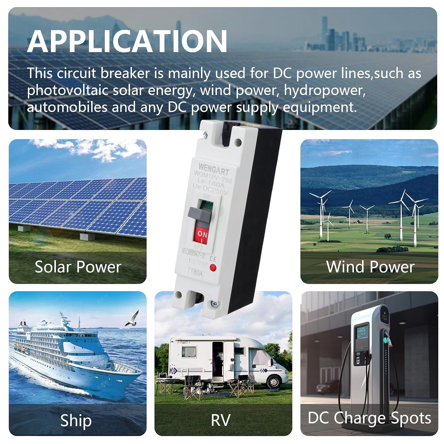 Wengart 180 Amp DC MCCB Circuit Breaker, 250V 1-Pole Molded Case Breaker for High-Power Solar Inverters, Battery Bank & EV Charging Station, Industrial Grade DC Protector, WGM1PV-250