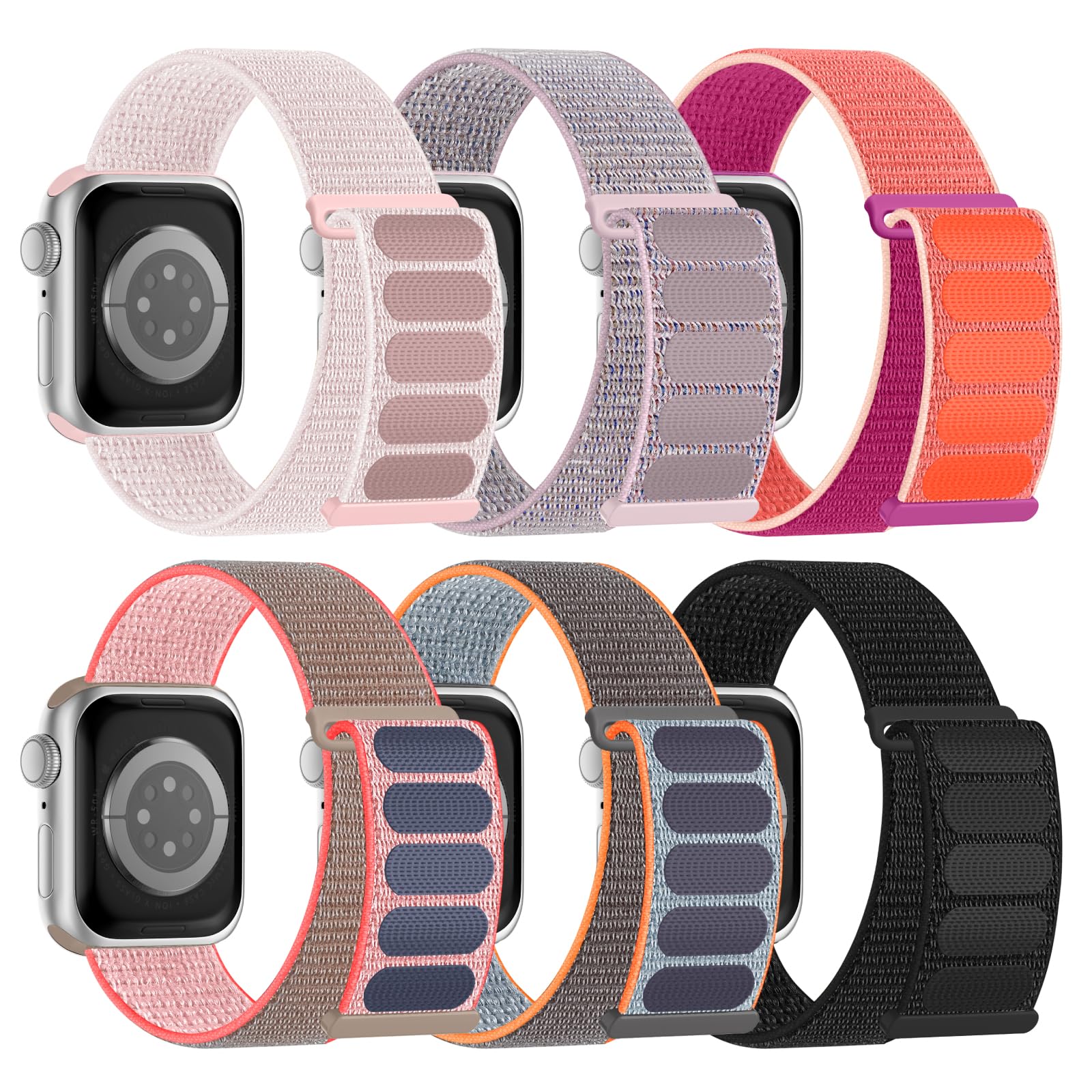 6 Pack Sport Nylon Loop Band Compatible with Apple Watch Band 38mm 40mm 41mm 42mm 44mm 45mm 46mm 49mm for Women Men, Adjustable Breathable Braided Straps for iWatch Series 11/10/9/8/7/6/5/4/3/SE/Ultra