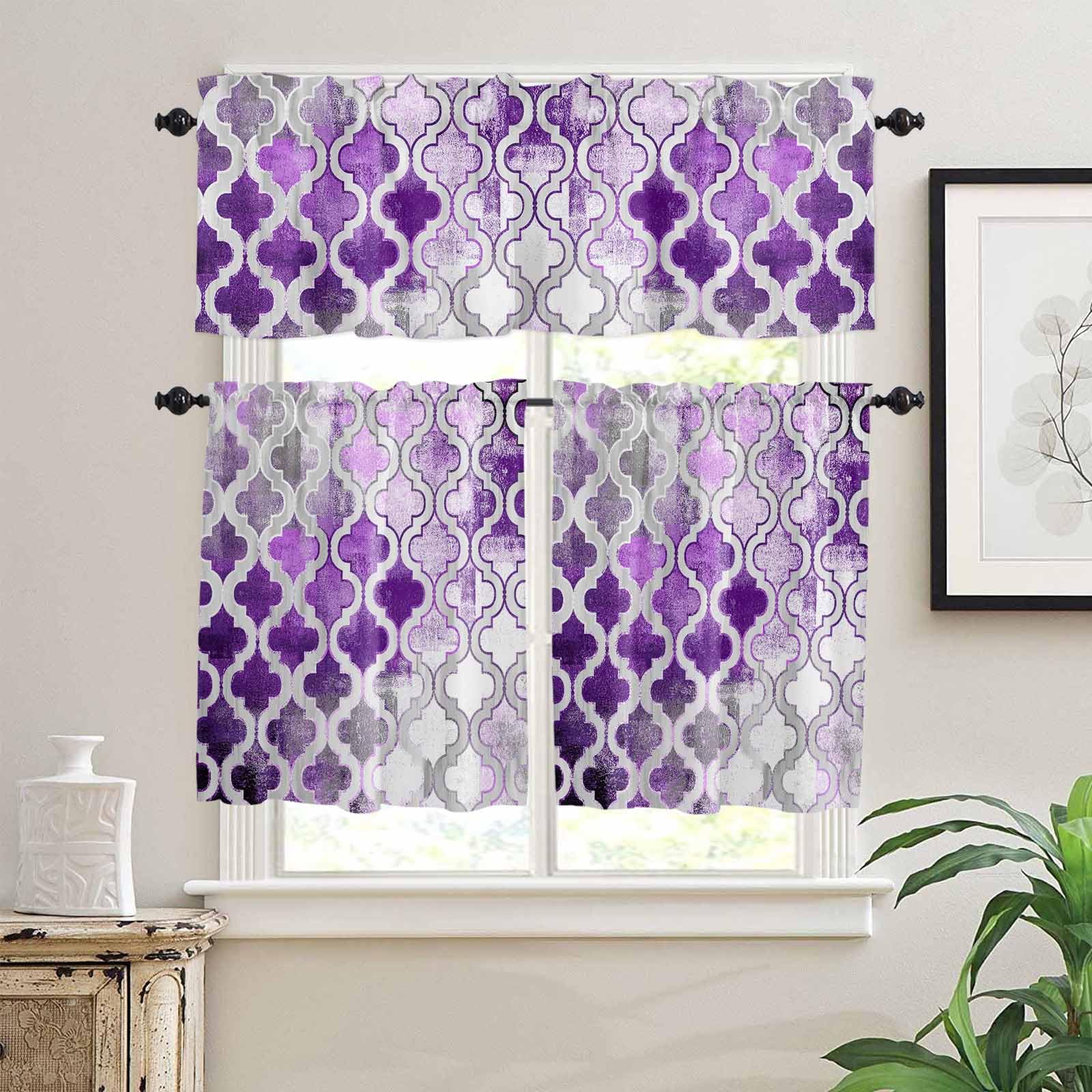 Purple Morocco Kitchen Curtains 24 Inch Length,3 Piece Rod Pocket Small Half Tiers and Valance Set,Rustic Country Smear Street Mottled Art Small Large Window Treatment Decor for Bedroom/Bathroom Sink