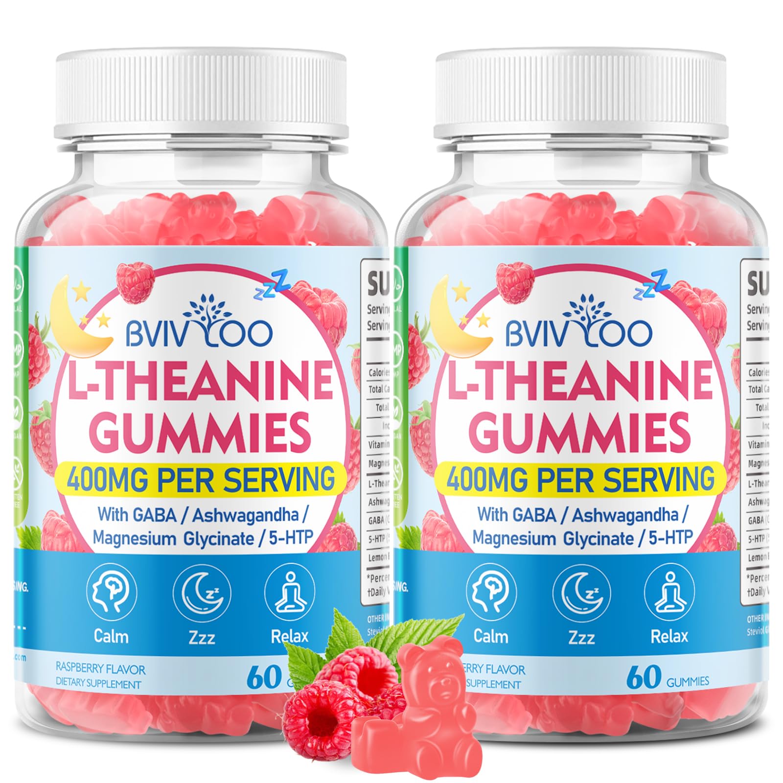 L-Theanine Gummies with L-Theanine 400 mg, Ashwagandha, GABA, 5-HTP, Magnesium Glycinate for Calm, ZZZ & Relaxation Support - Vegan, Raspberry Flavor, 120 Count 2pack
