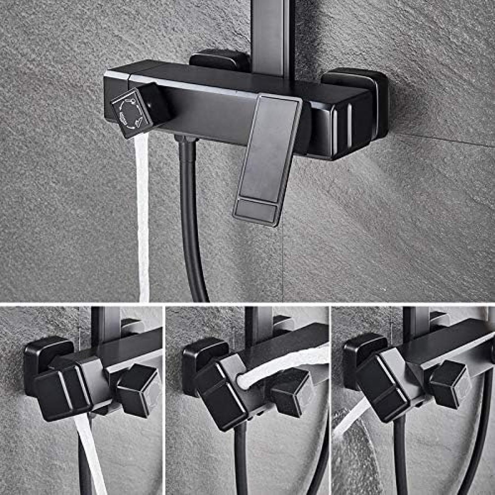 VASDEV Juego de Grifo de Ducha Cromado Negro, Ducha Tipo Lluvia con Ducha de Mano de 3 vías, Mezclador de Ducha Negro, Grifo Mezclador para bañera y Ducha, Cromado, Negro Mate