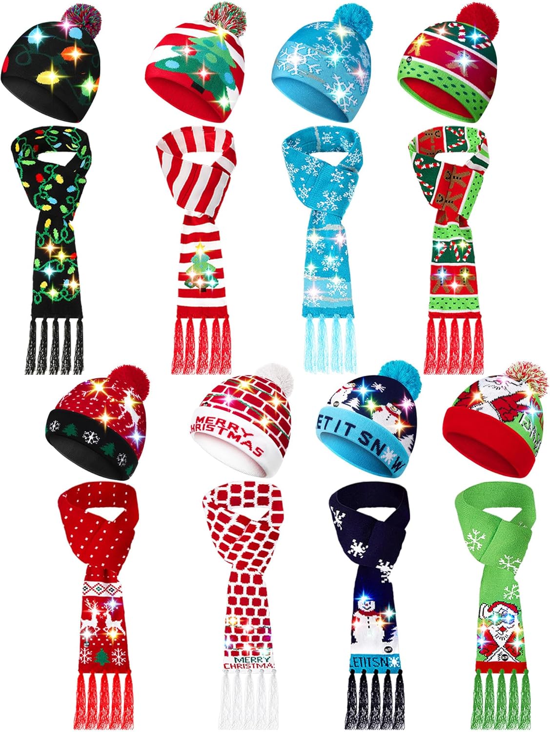 Retisee 16 Pieces Christmas LED Light up Hats Scarf Set Funny Xmas Beanie Knitted
