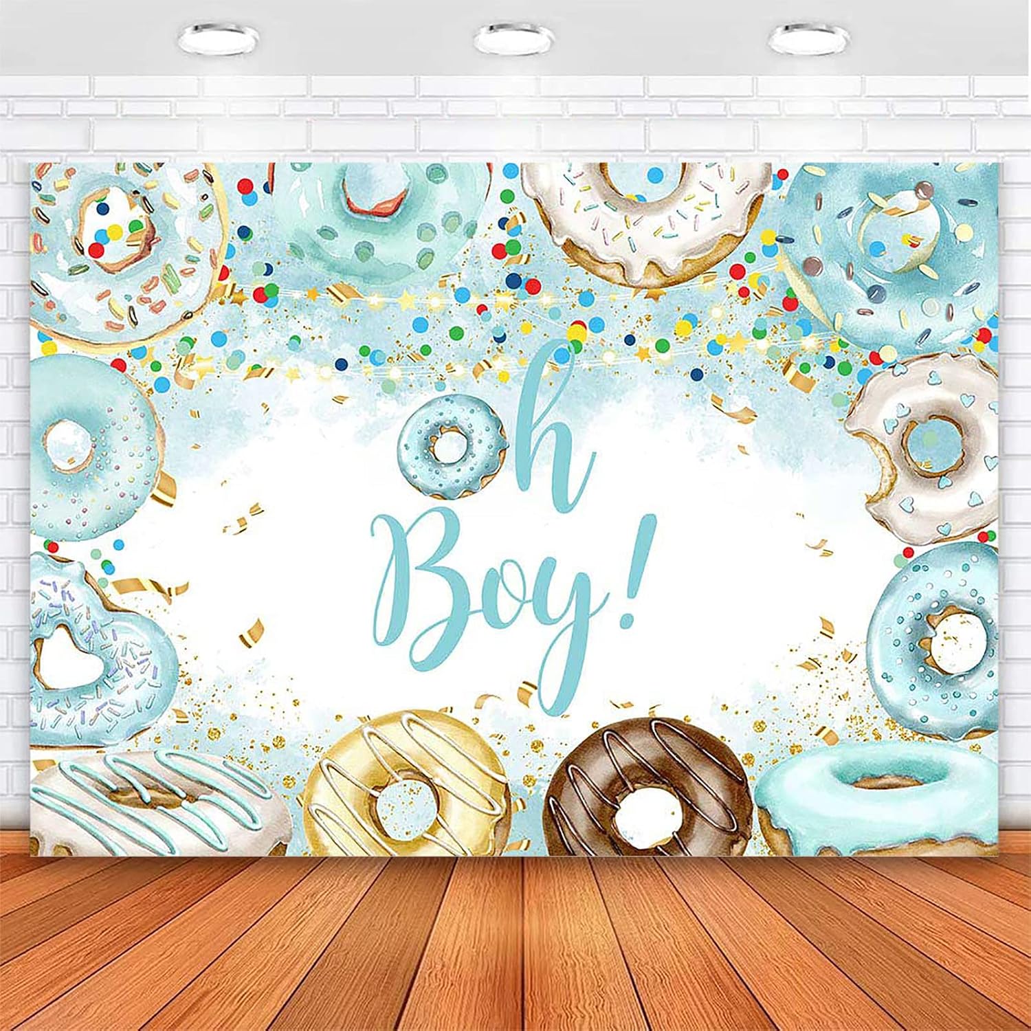 Avezano Oh Boy Donut Backdrop Donut Baby Shower Background Banner for Boys Colorful Dots Sprinkle Confetti Photography Backdrop Glitter Lights Cake Dessert Table Decorations (7x5ft)