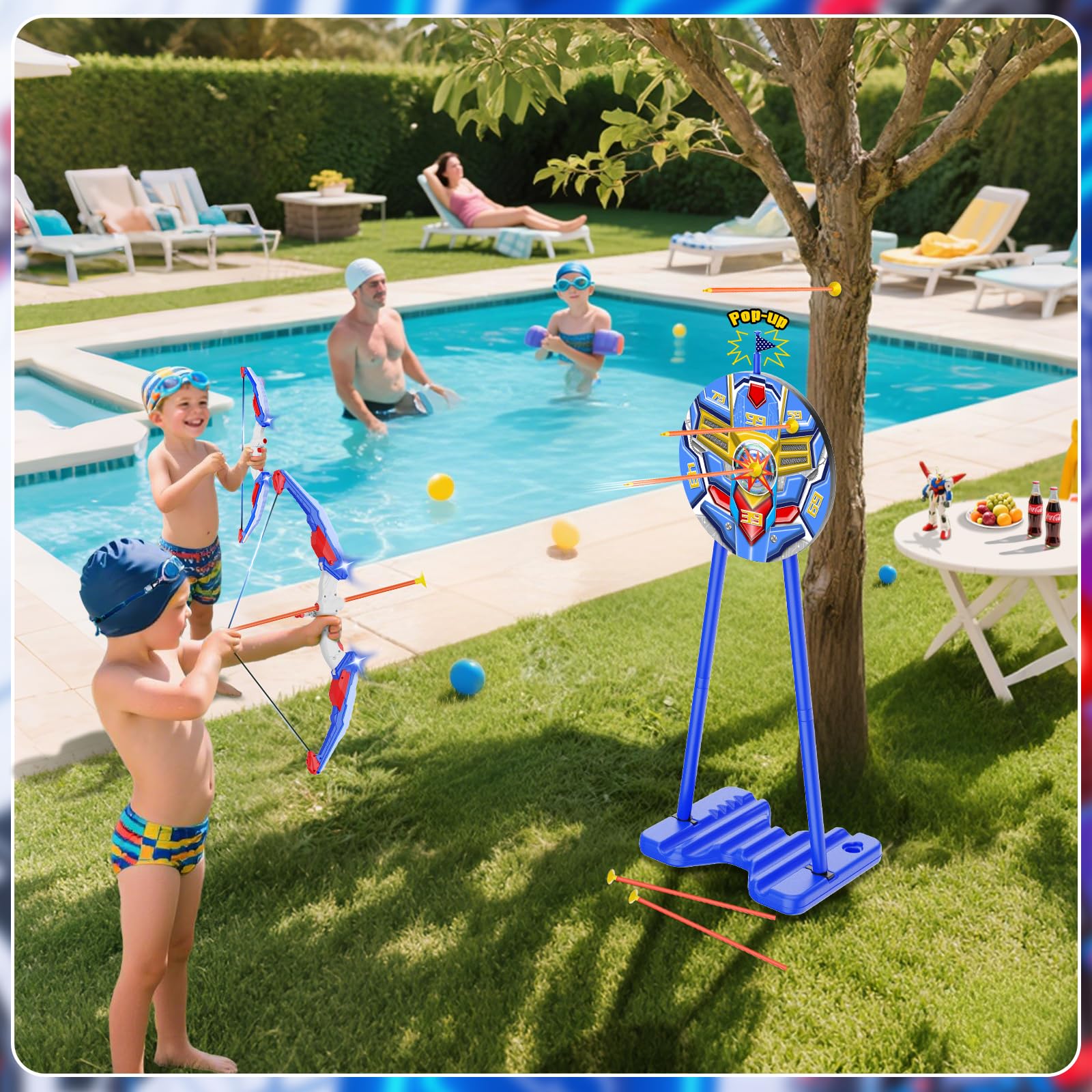 DX DA XIN Tiro a l Arco Bambini Giocattolo 2 Pack - Bersaglio di feedback in piedi Arco e Freccia con LED Luci 20 Frecce 2 Cuochi Interni Esterni Sportivi Giocattolo Ragazzo 4-12 Anni Regali Creativi