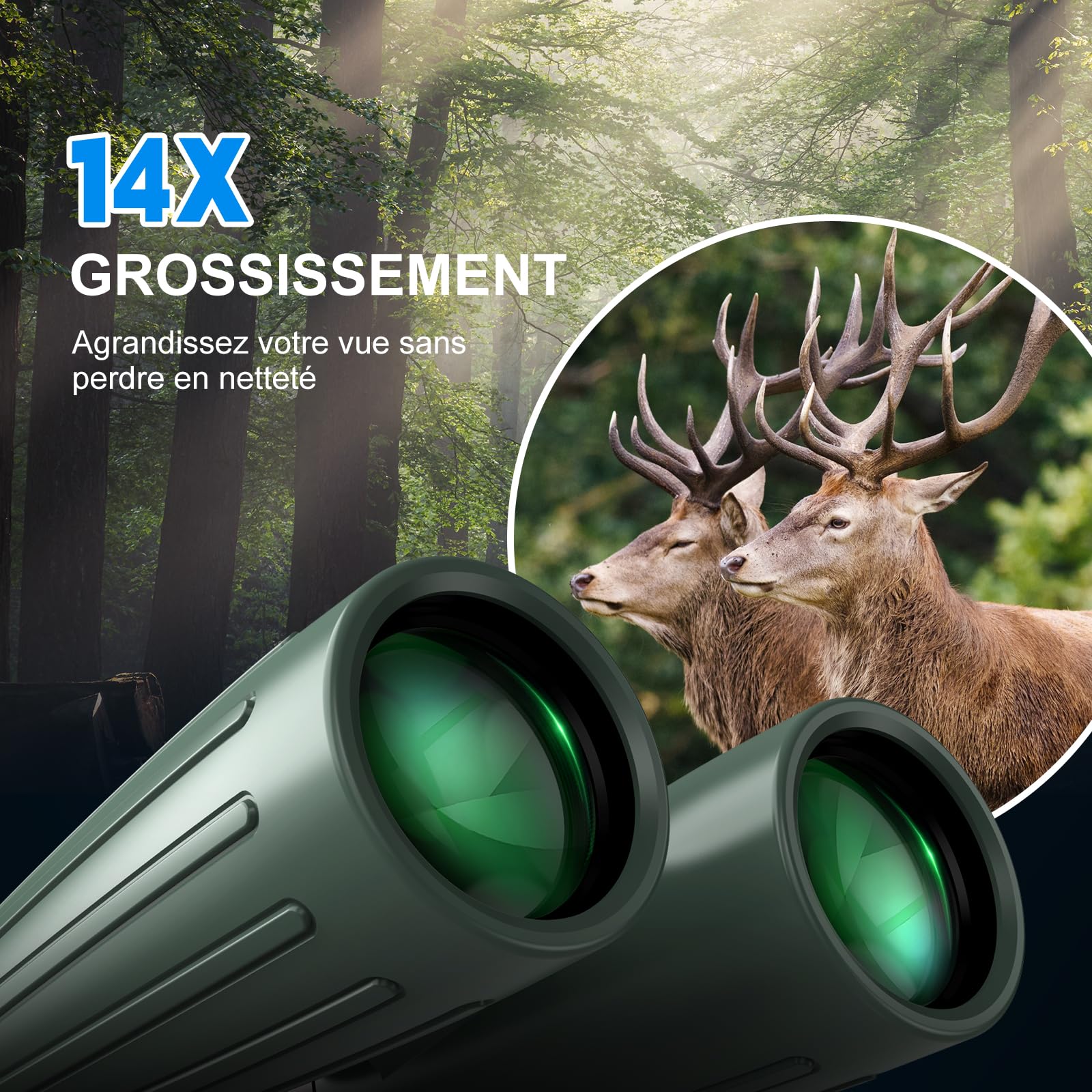 Jumelles 14x45 pour Adultes, puissantes, pour la Chasse, avec Une Vue dégagée et Large, étanches, avec Adaptateur de téléphone en métal et trépied pour l'observation des Oiseaux, la randonnée et