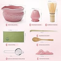 Vista 7 de Juego de matcha rosa, 8 piezas completo de cerámica matcha con cuenco, batidor y soporte de bambú, tamiz inoxidable, toalla de té, cuchara y cuchara