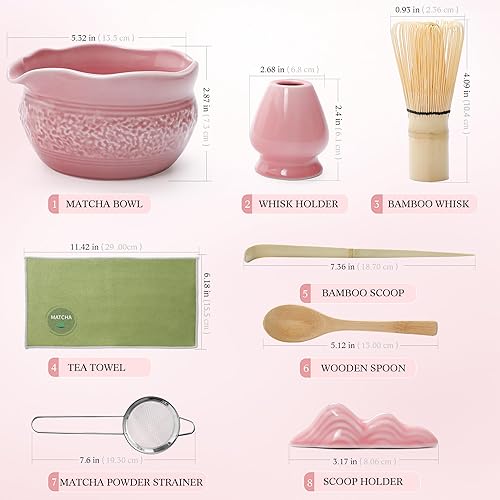 Miniatura 7 de Juego de matcha rosa, 8 piezas completo de cerámica matcha con cuenco, batidor y soporte de bambú, tamiz inoxidable, toalla de té, cuchara y cuchara