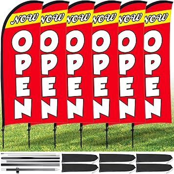 Buryeah 6 Sets Now Open Feather Flag Pole Kit for Business Advertising 7 x 5.4 ft Open Flag Banner Sign with Pole Kit Ground Stake and Portable Bag for Outside GroundRed
