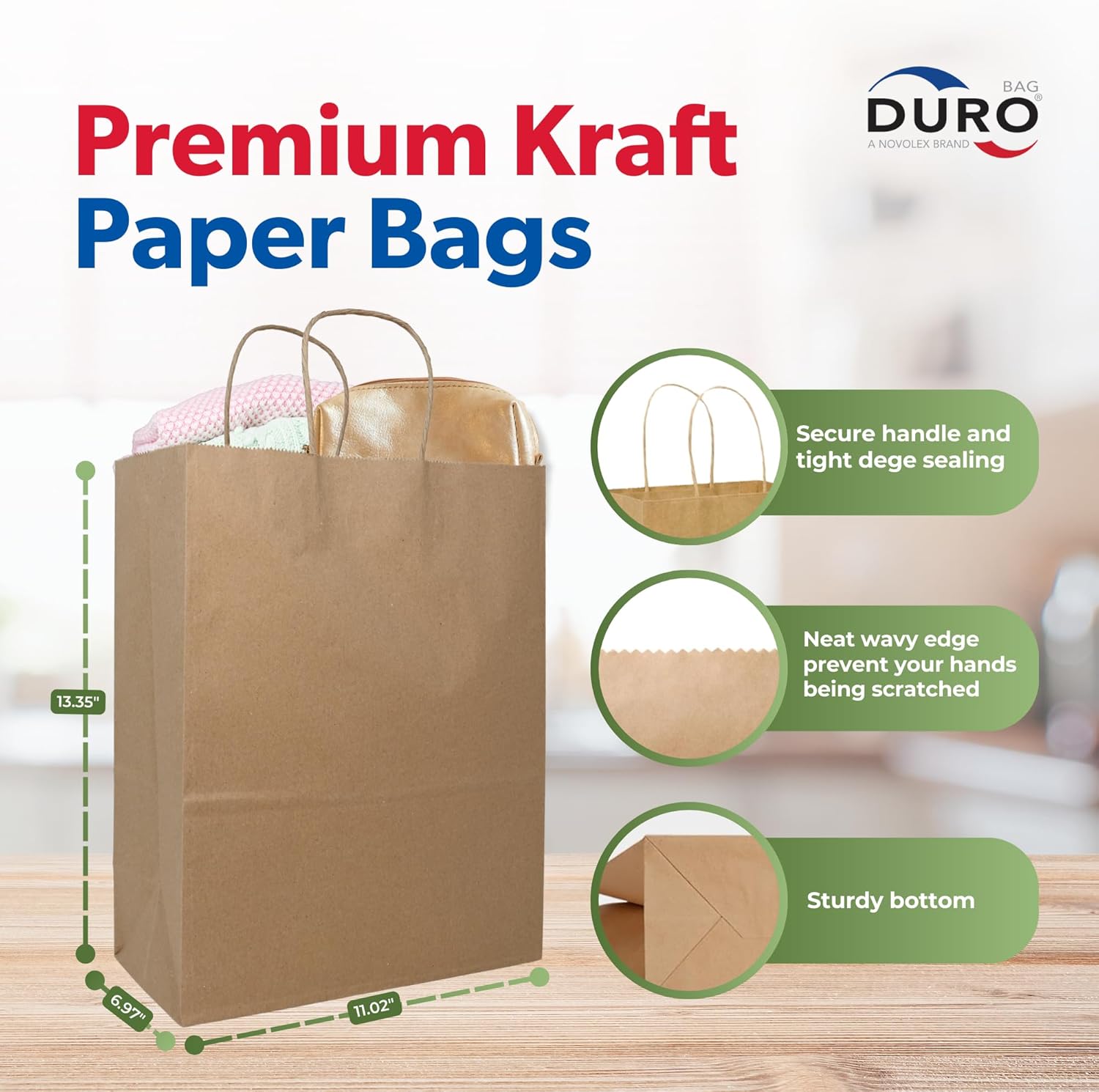 DURO Bag Missy Dubl Life Shopping Bag 60# Recycled Kraft FSC, 10 x 5 x 13 Inches, 250-Count