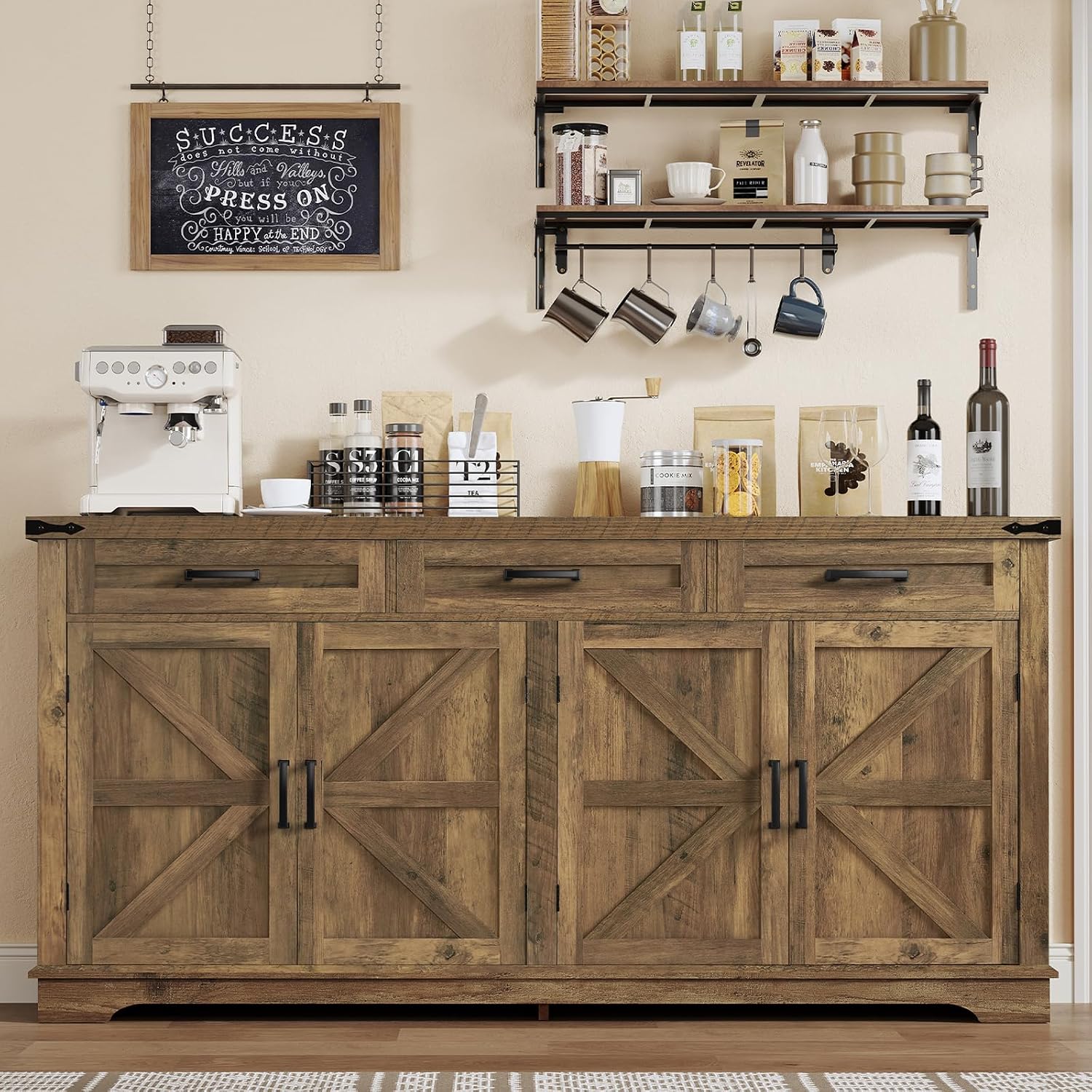 Honest review of FIONESO 61" W Buffet Cabinet with 3 Large Drawers & 2 Adjustable Shelves, Farmhouse Sideboard Cabinet, Coffee Bar, TV Stand, for Kitchen, Living Room, Honey Brown, 40×155×80CM