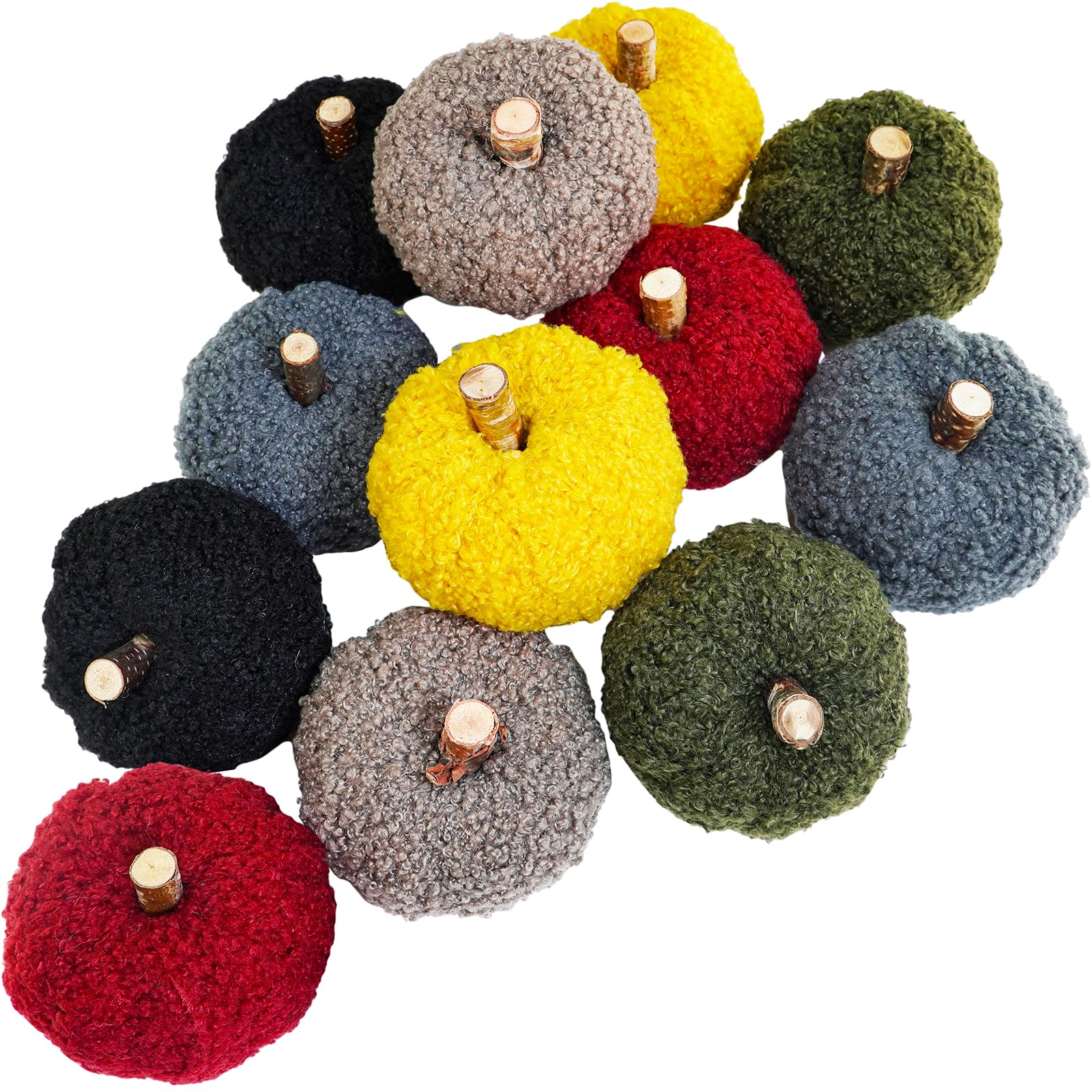 Winlyn 12 Pcs Assorted Small Faux Sherpa Pumpkins Decorative Burgundy Yellow Olive Gray Taupe Black Fabric Foam Pumpkins for Farmhouse Fall Thanksgiving Halloween Table Centerpiece Decor