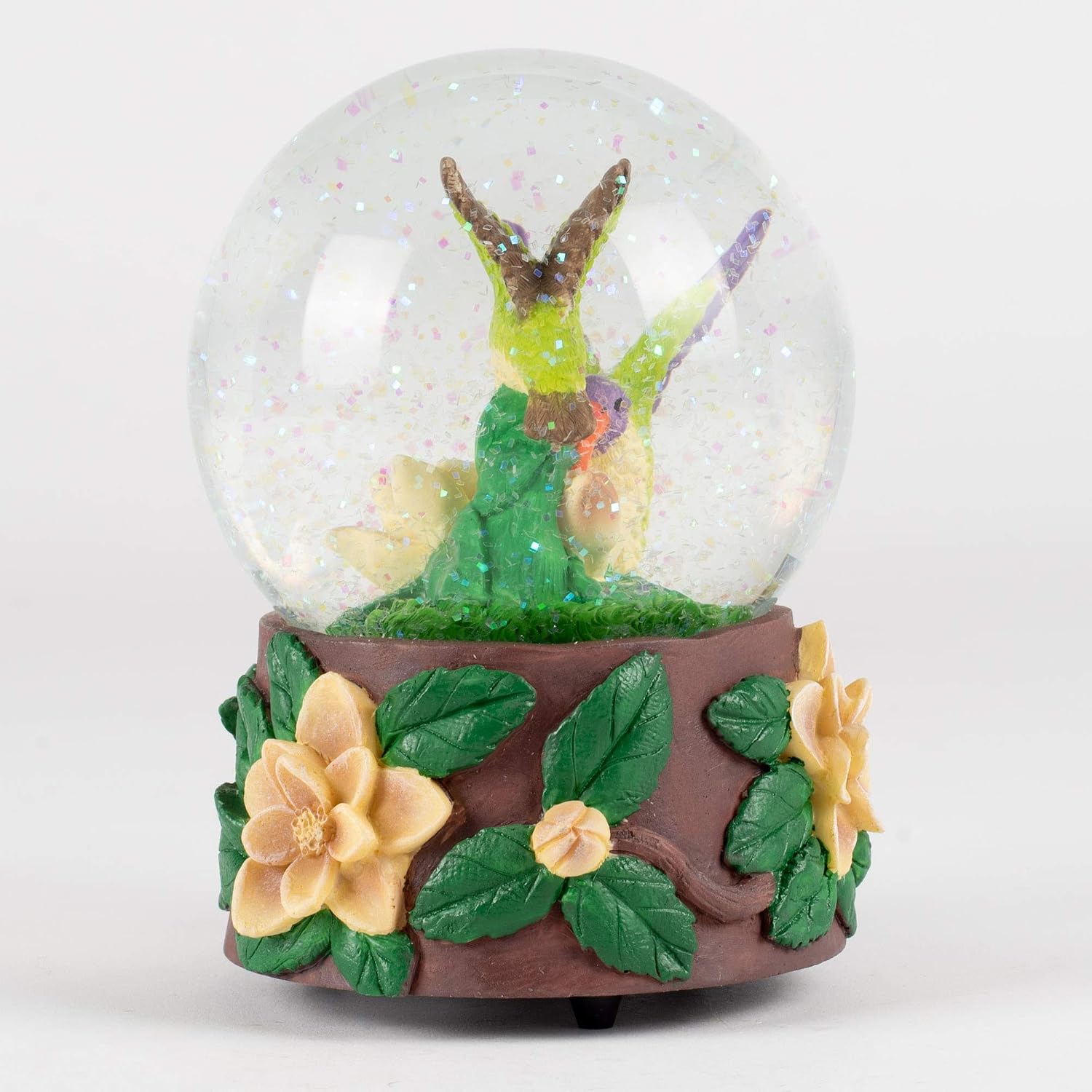 Elanze Designs Flitting Hummingbirds and Magnolia Flowers Tabletop Figurine 100MM Sturdy Wind Up Musical Glitter Water Snow Globe Plays Song Waltz of The Flowers