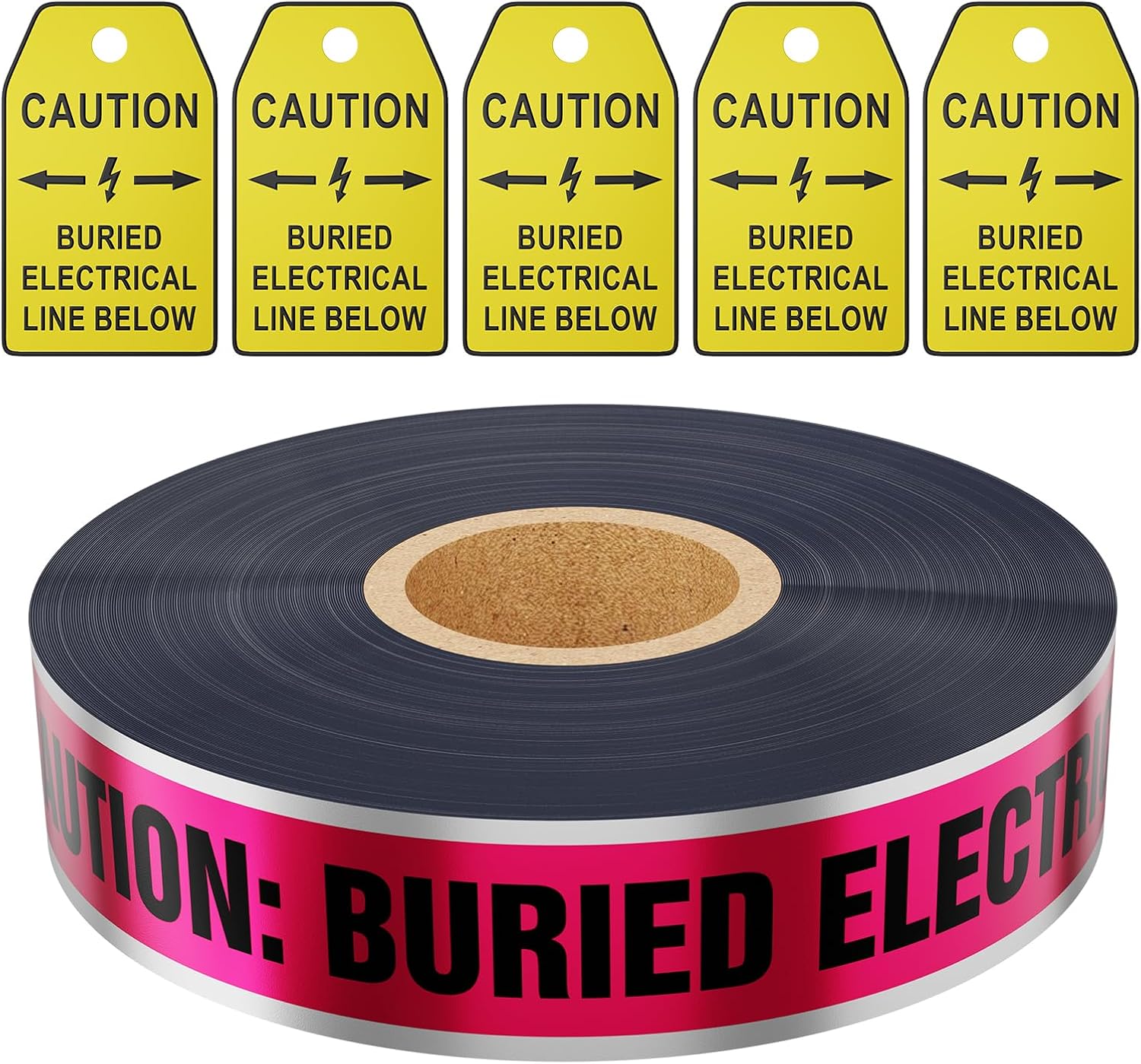 300 Feet Caution Buried Electric Line Below Red/Black Print Safety Tape with Above-Ground Caution Tag, 2 Inch x Foot 5 Mil, Detectable 2-Inch