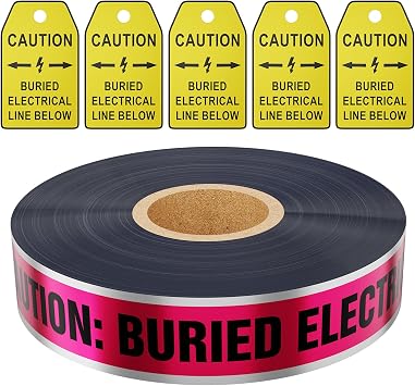 1000 Feet Caution Buried Electric Line Below Red/Black Print Safety Tape with Above-Ground Caution Tag, 2 Inch x Foot 5 Mil, Detectable 2-Inch