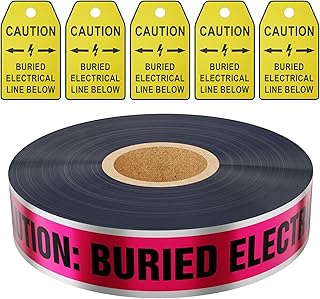 1000 Feet Caution Buried Electric Line Below Red/Black Print Safety Tape with Above-Ground Caution Tag, 2 Inch x Foot 5 Mil, Detectable 2-Inch